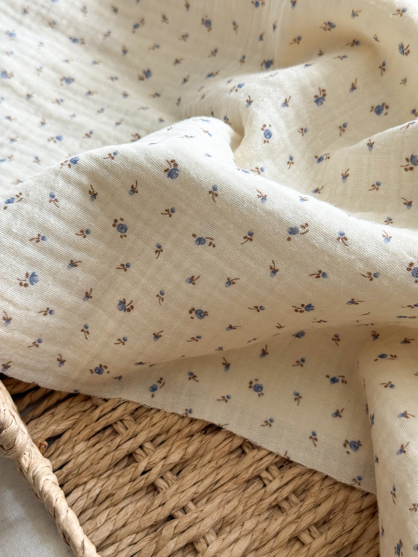 Organic Double Gauze Fabric - Tiny Blue Flowers