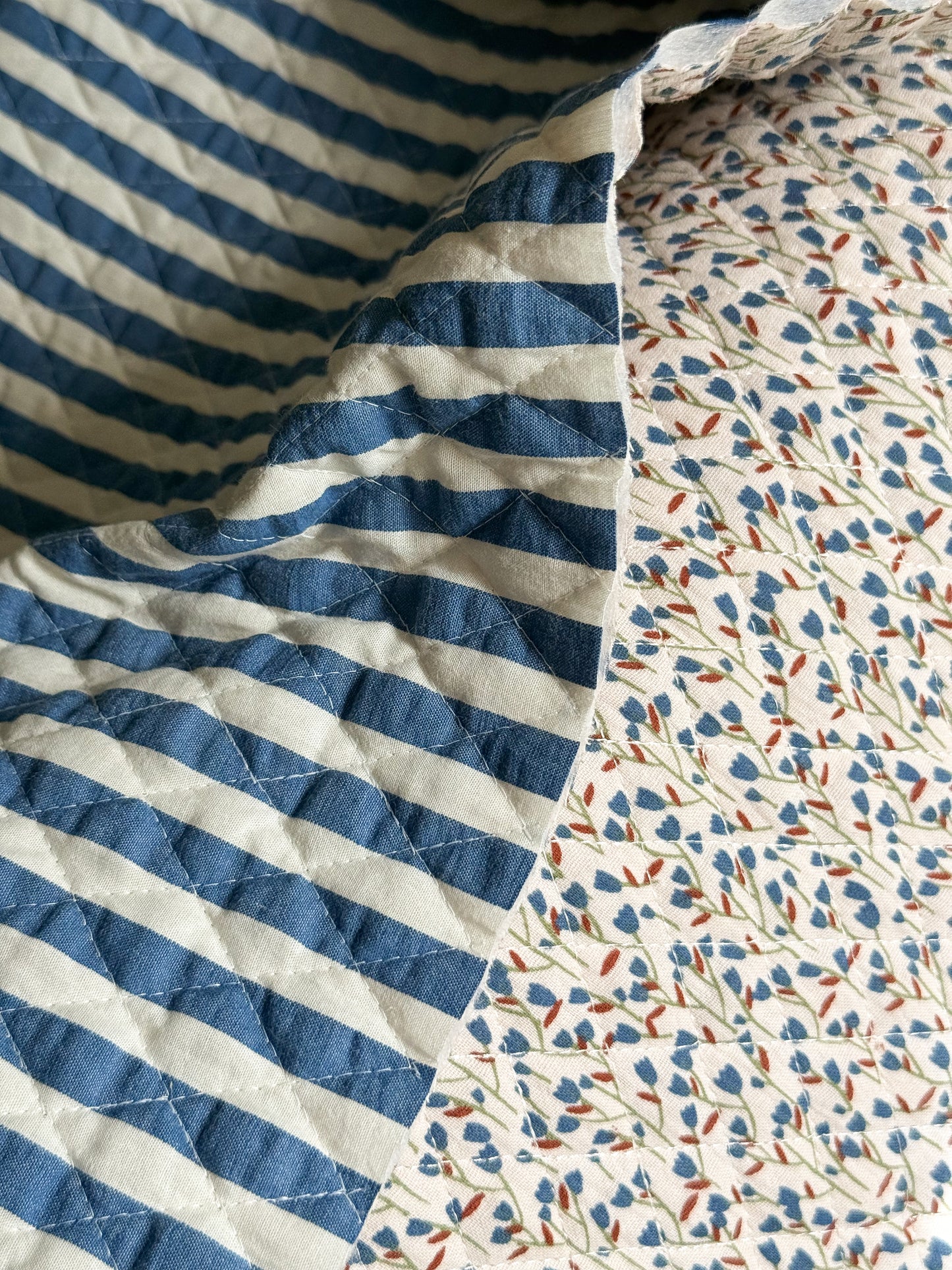 Reversible Quilted Double Gauze Fabric - Blue Meadow / Stripe