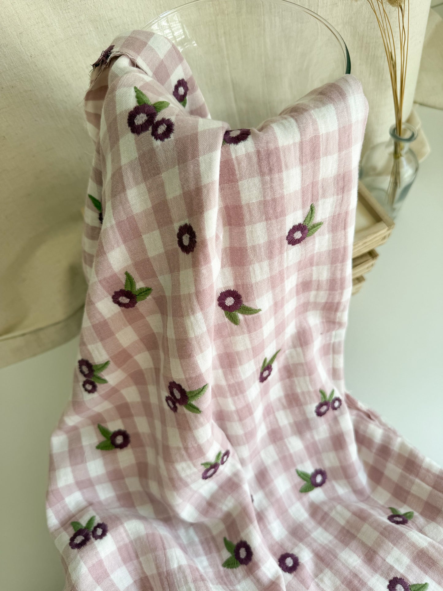 Embroidered Double Gauze Fabric - Mauve Gingham with Flowers