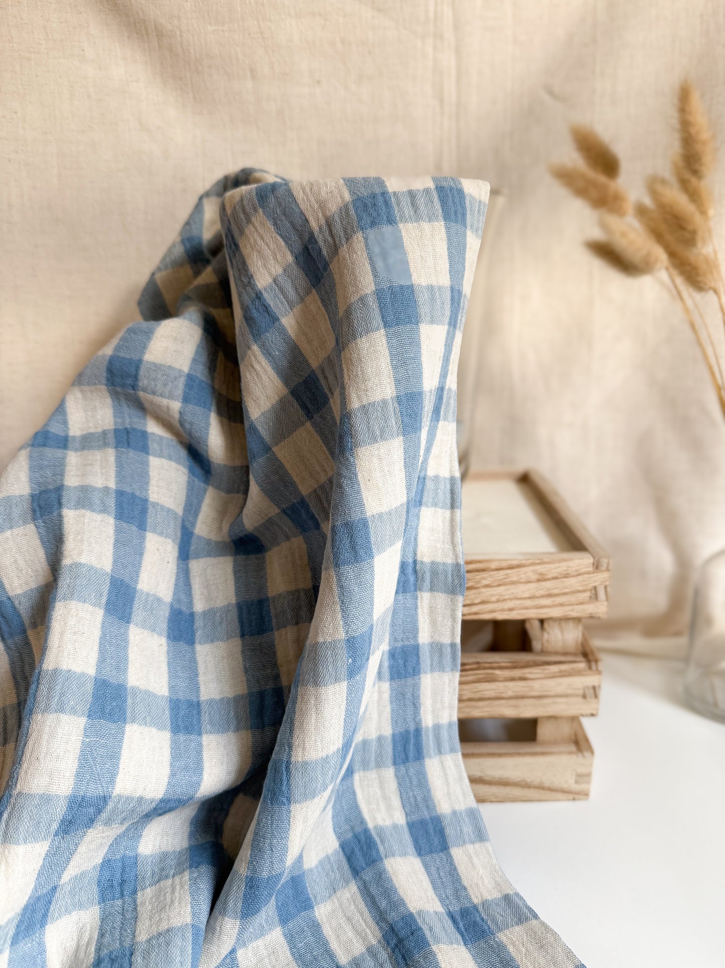 Double Gauze Fabric - Cotton Linen Blue Gingham