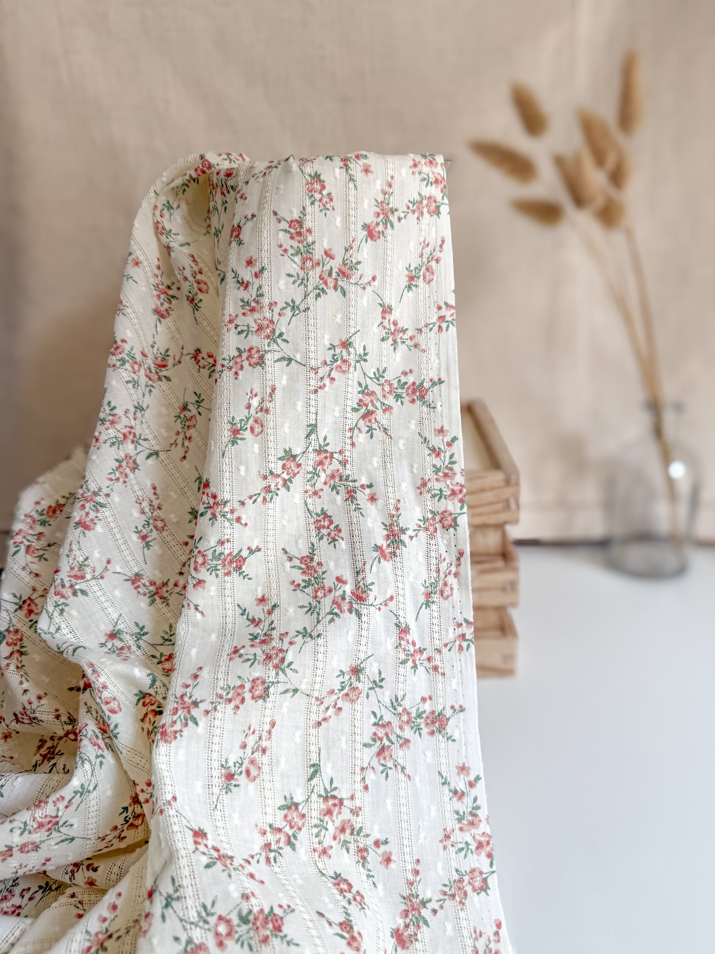 Dressmaking cotton textured embroidered swiss dot dobby fabric with pretty floral print