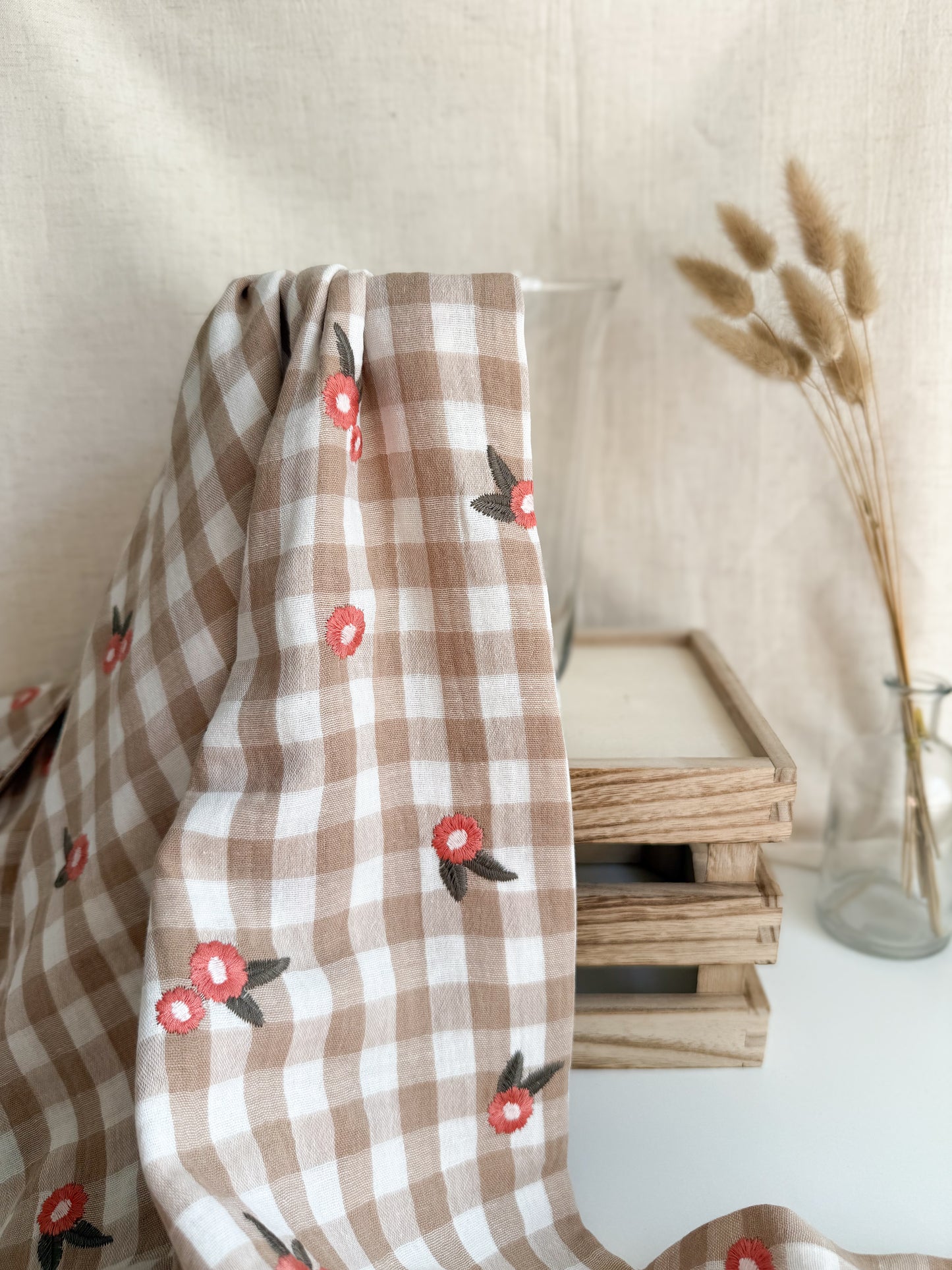 Embroidered Double Gauze Fabric - Biscuit Gingham with Flowers