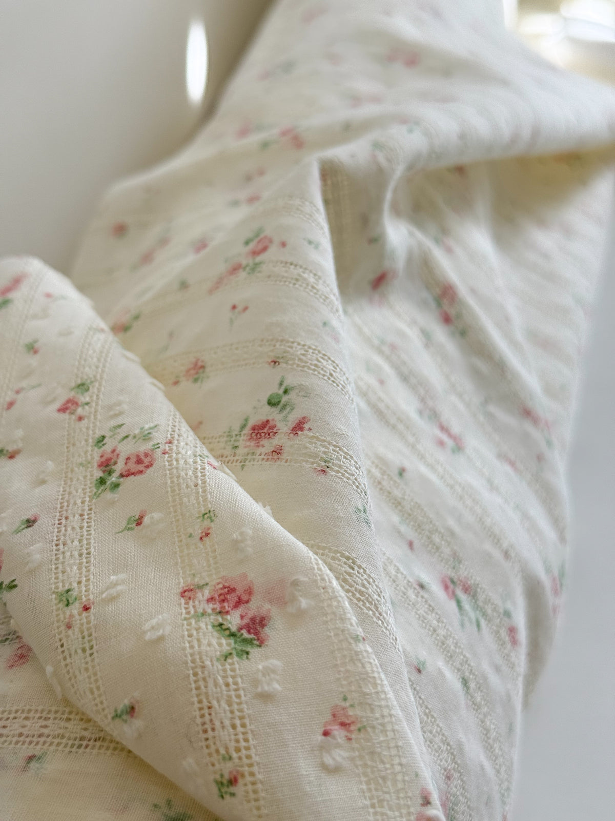 Embroidered Jacquard Cotton Swiss Dot Dobby Fabric - Rose Garden