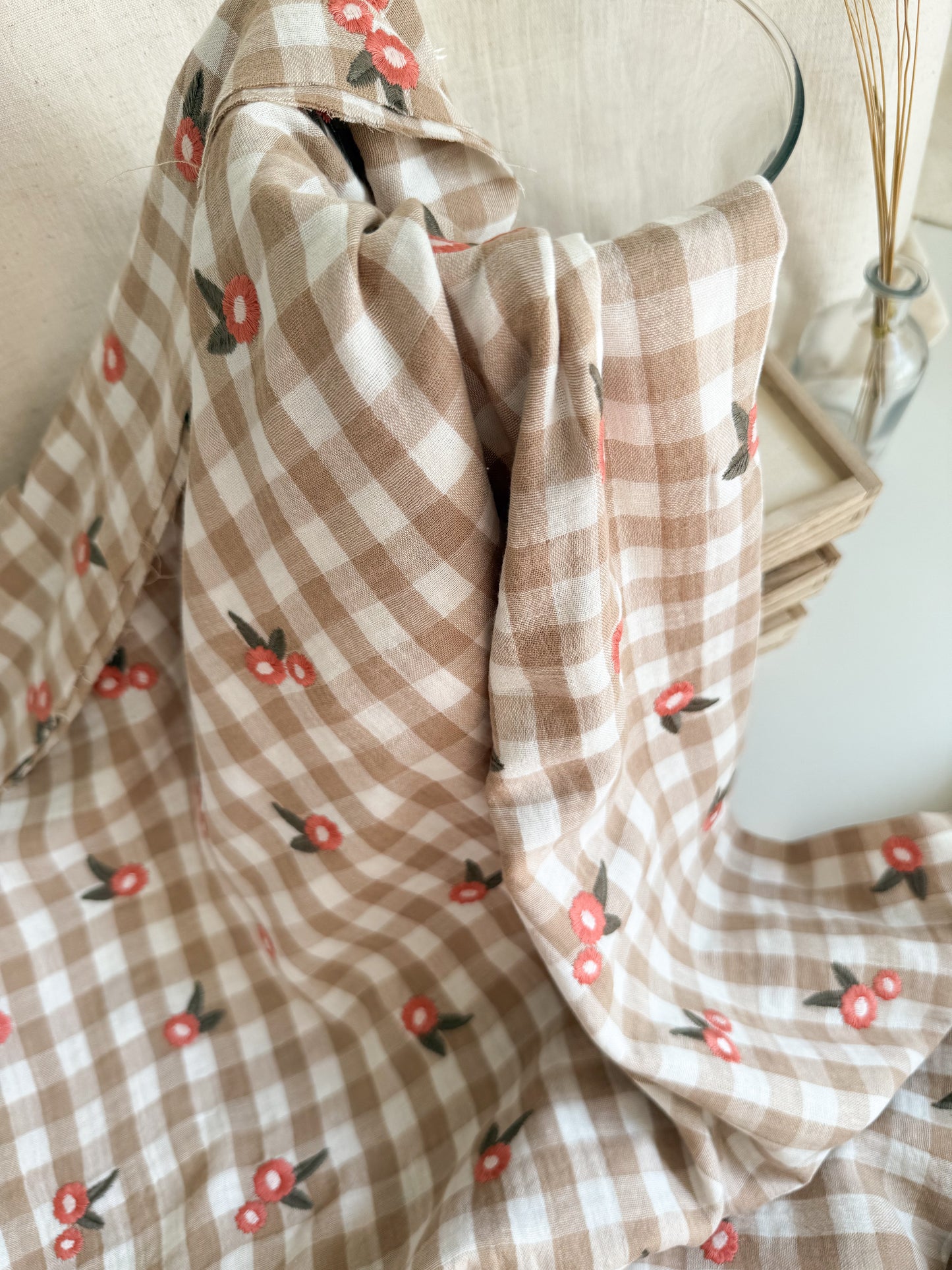 Embroidered Double Gauze Fabric - Biscuit Gingham with Flowers