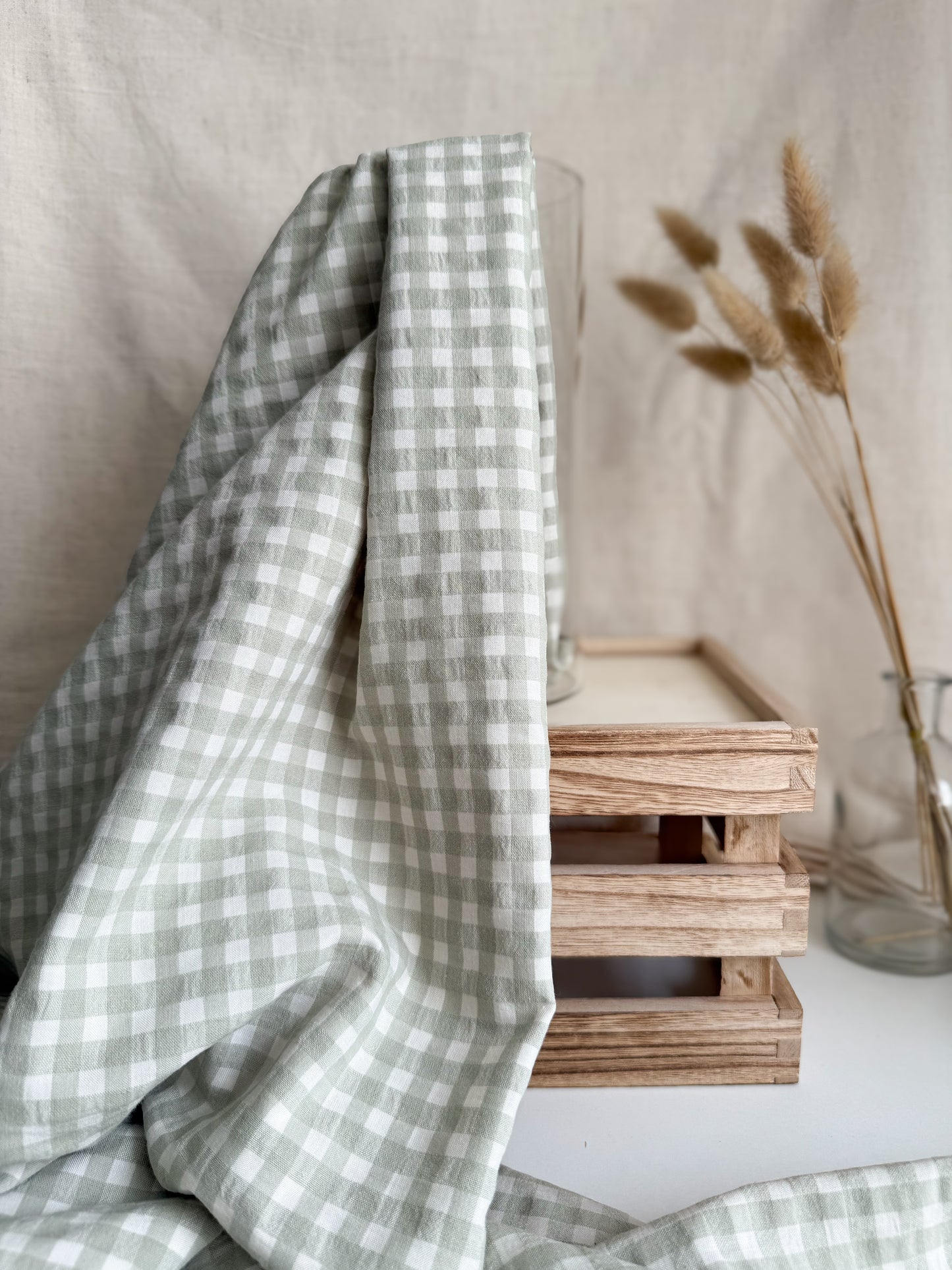 Organic Cotton Blend Seersucker Fabric - Gingham Soft Green