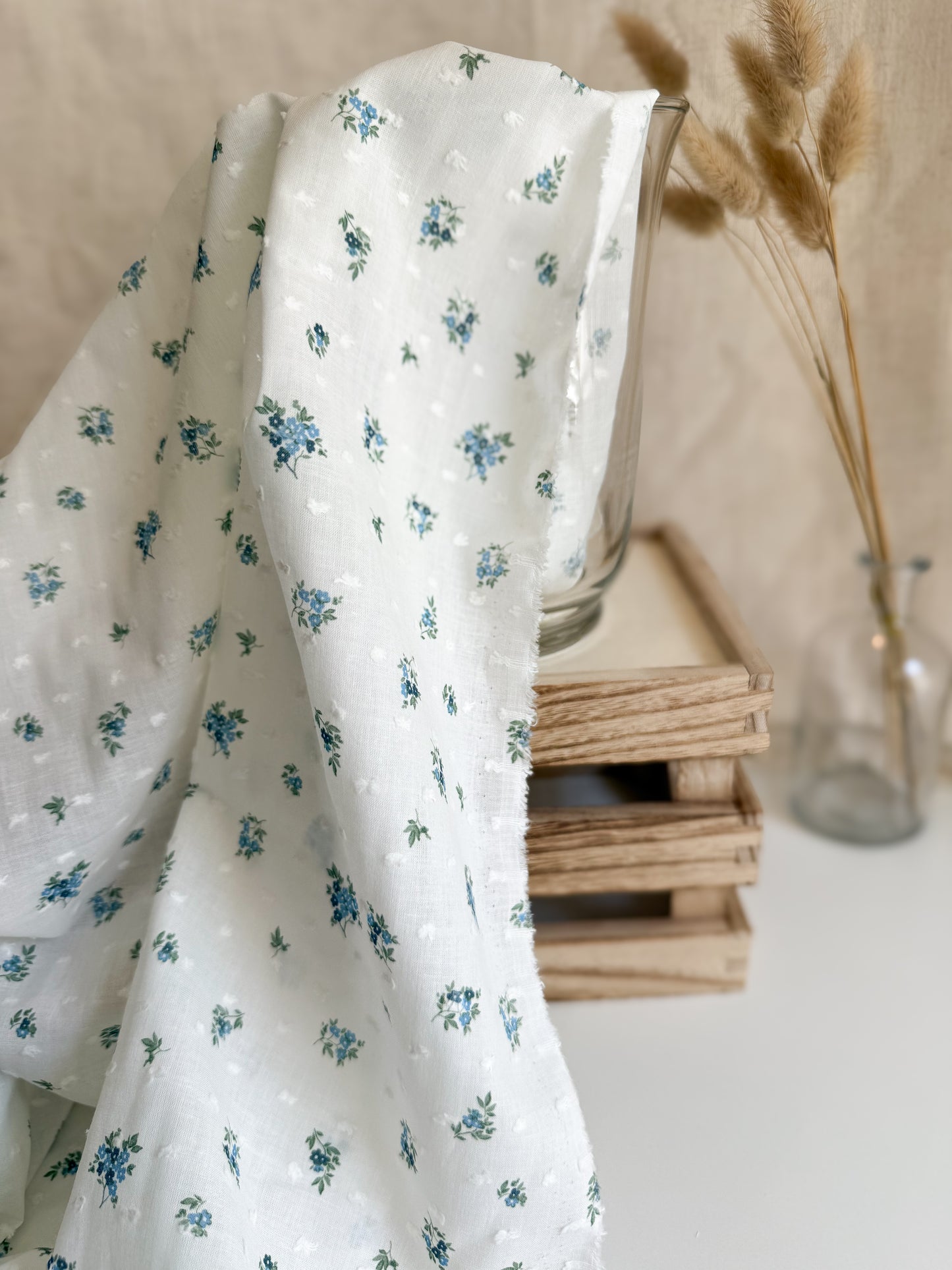 Cotton Dobby Swiss Dot Fabric - Blue Floral Bouquet