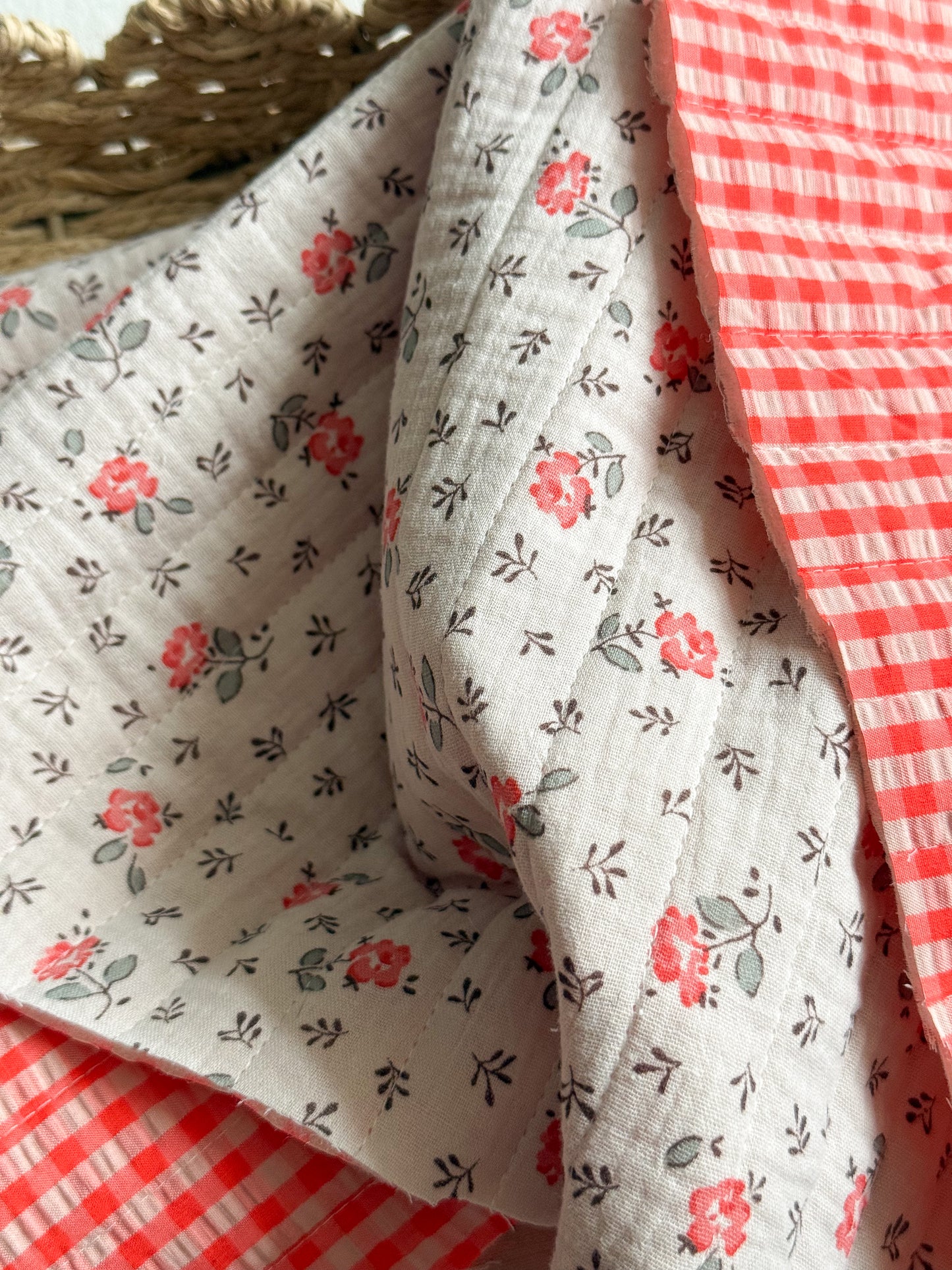 Reversible Quilted Double Gauze & Seersucker Fabric - Floral & Gingham