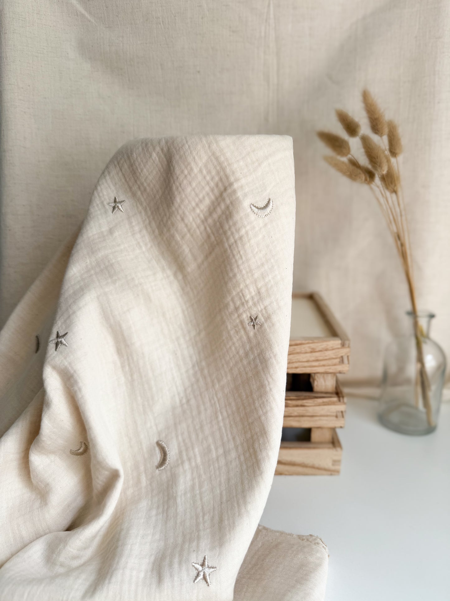 Embroidered Double Gauze Fabric - Moon & Stars