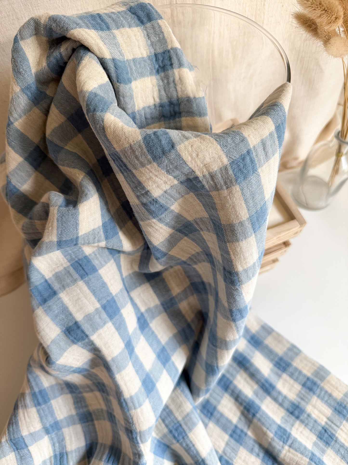 Double Gauze Fabric - Cotton Linen Blue Gingham