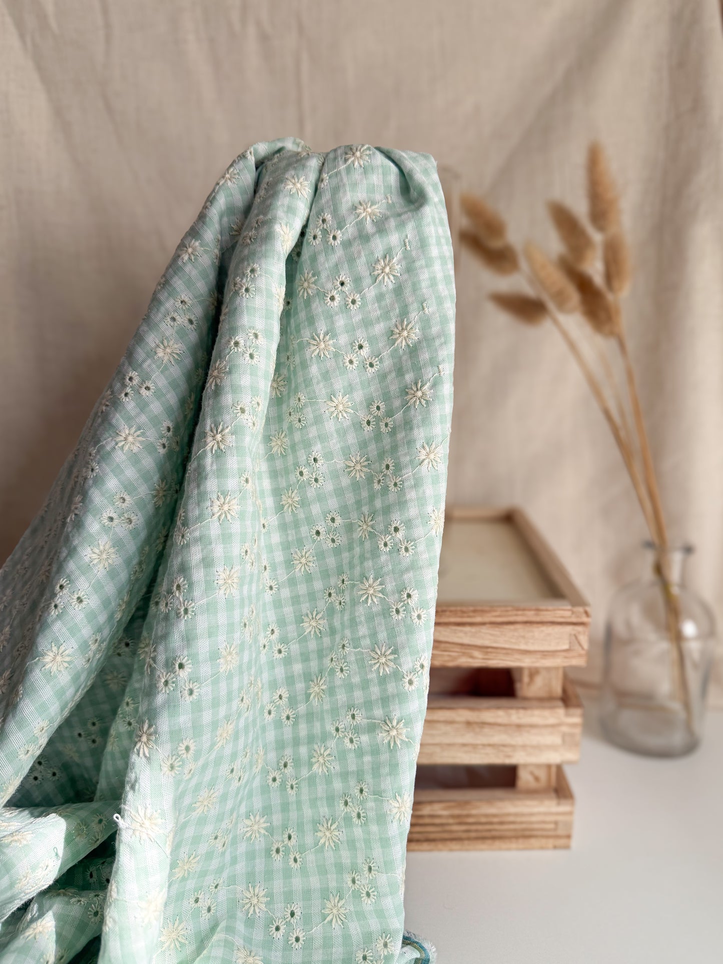 Cotton Embroidered Gingham Seersucker Fabric - Mint - 45cm remnant