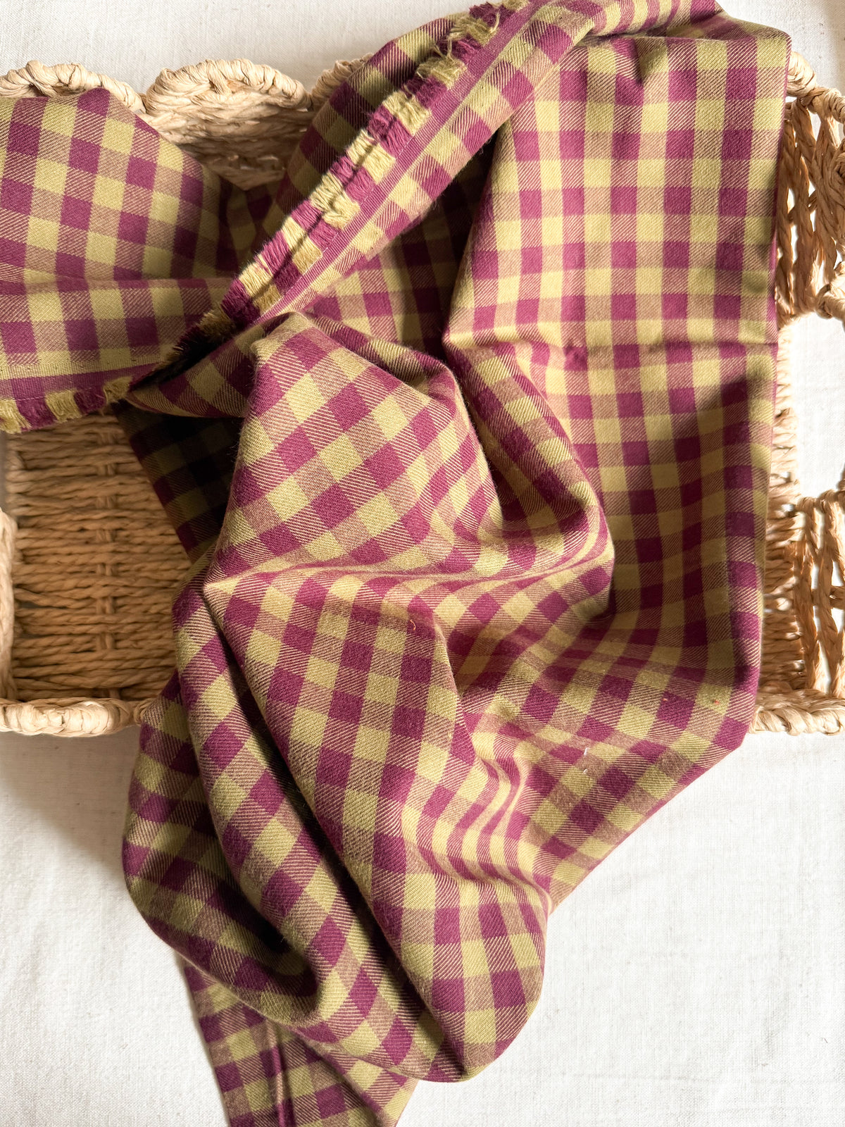 Cotton Viscose Plaid Gingham Flannel Fabric - Olive & Plum