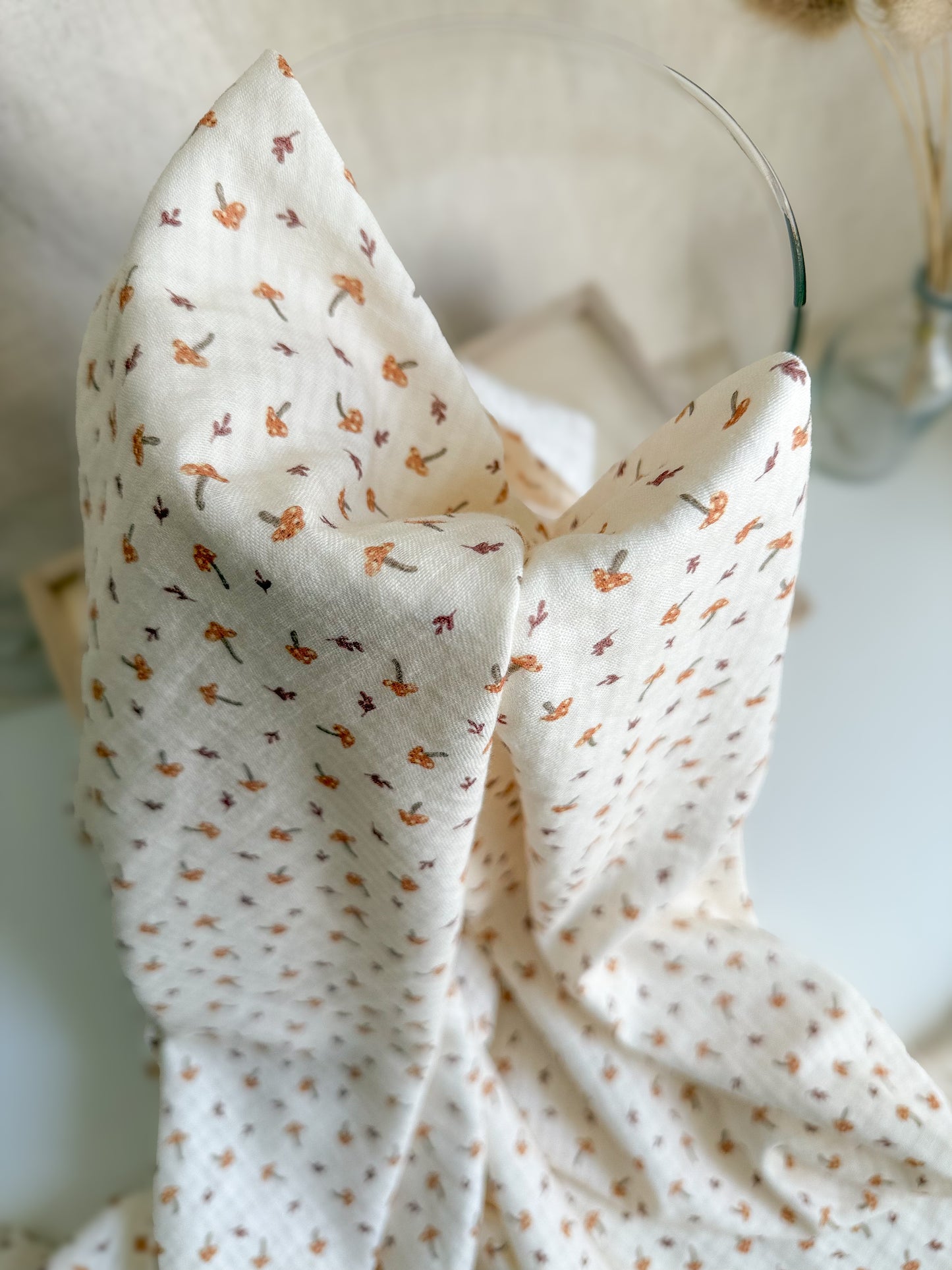 Kids printed fabric with mushrooms and leaves on GOTS organic cotton