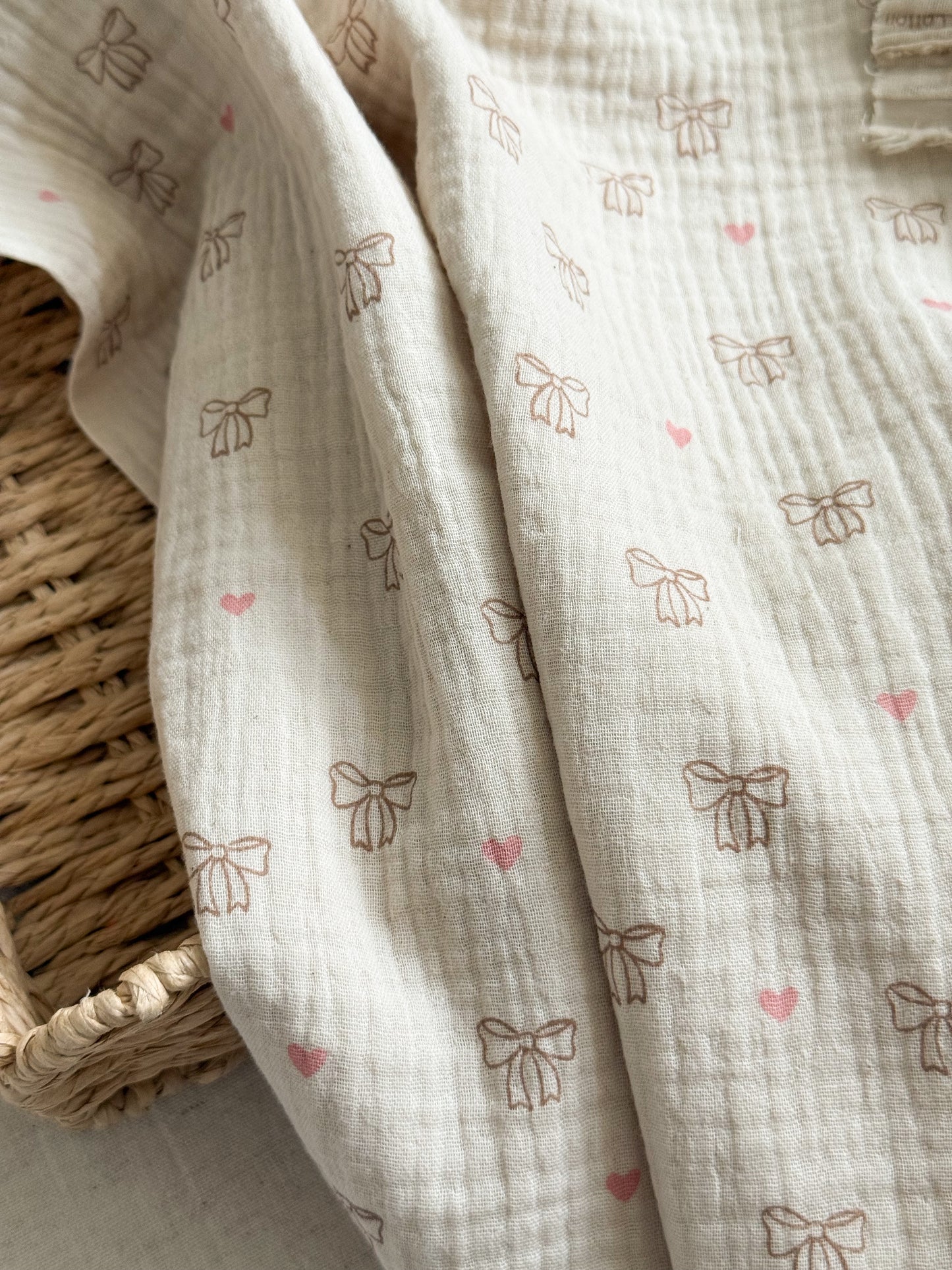 Organic Cotton Double Gauze Fabric - Bows & Hearts