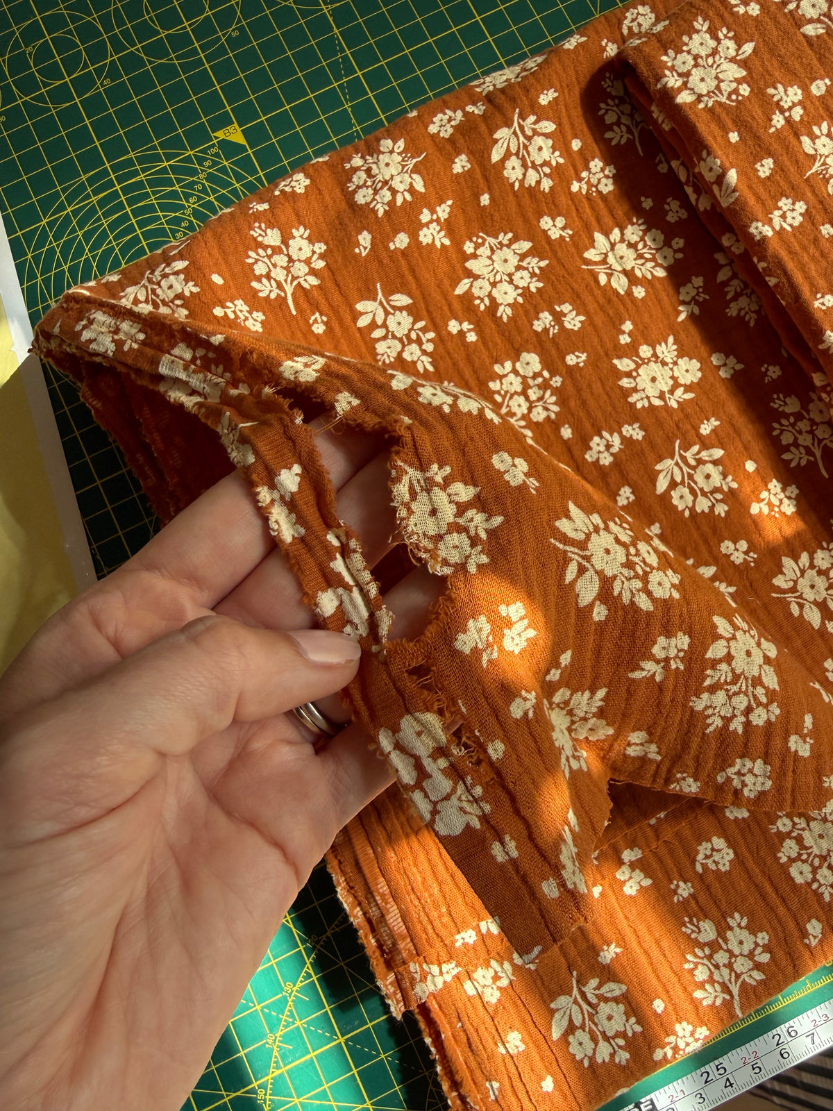 Double Gauze Fabric - Camel / White Floral - 150cm Remnant - Defect - See Photos