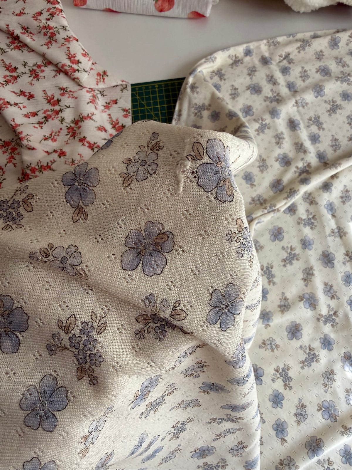 Cotton Jersey Pointelle Fabric - Forget Me Not - 150cm Remnant - Defects - See Photos