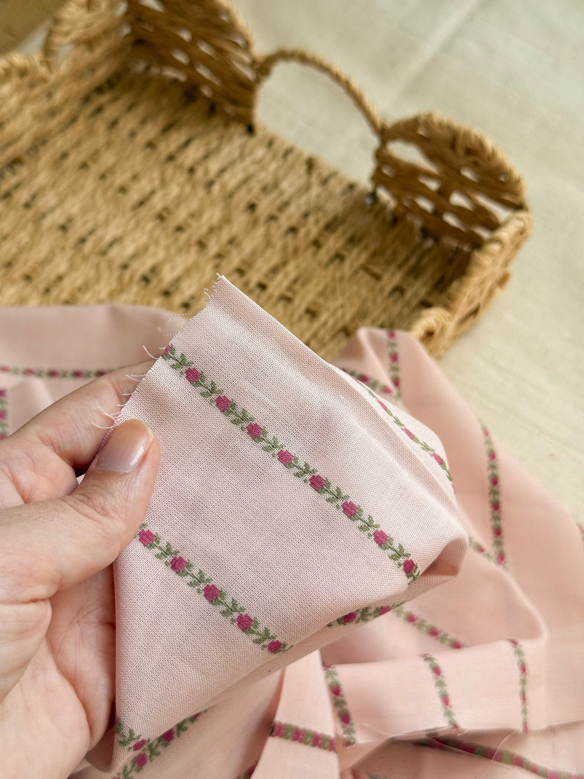 Cotton Jacquard Fabric - Floral Stripe - Nude