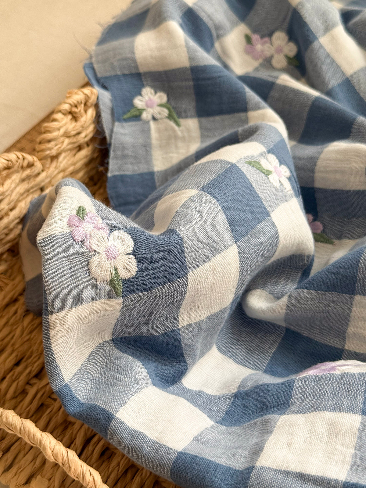 Embroidered Double Gauze Fabric - Blue Gingham Floral