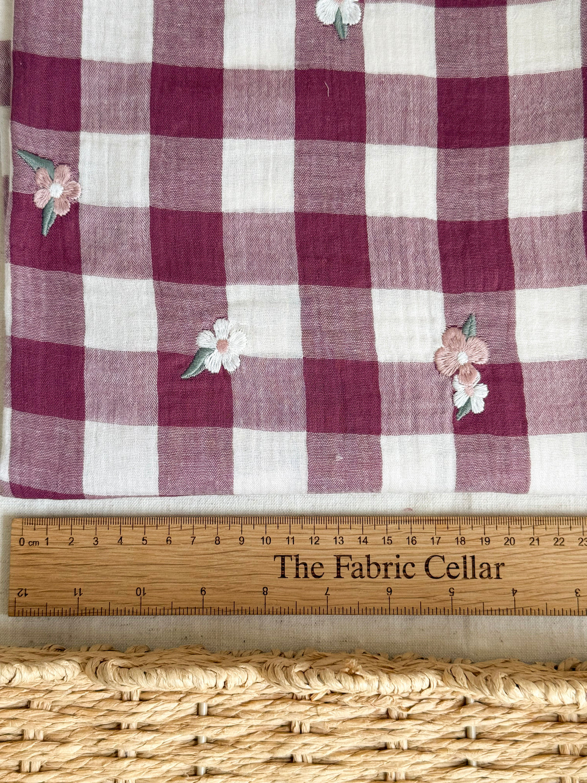 Embroidered Double Gauze Fabric - Red Wine Gingham Floral