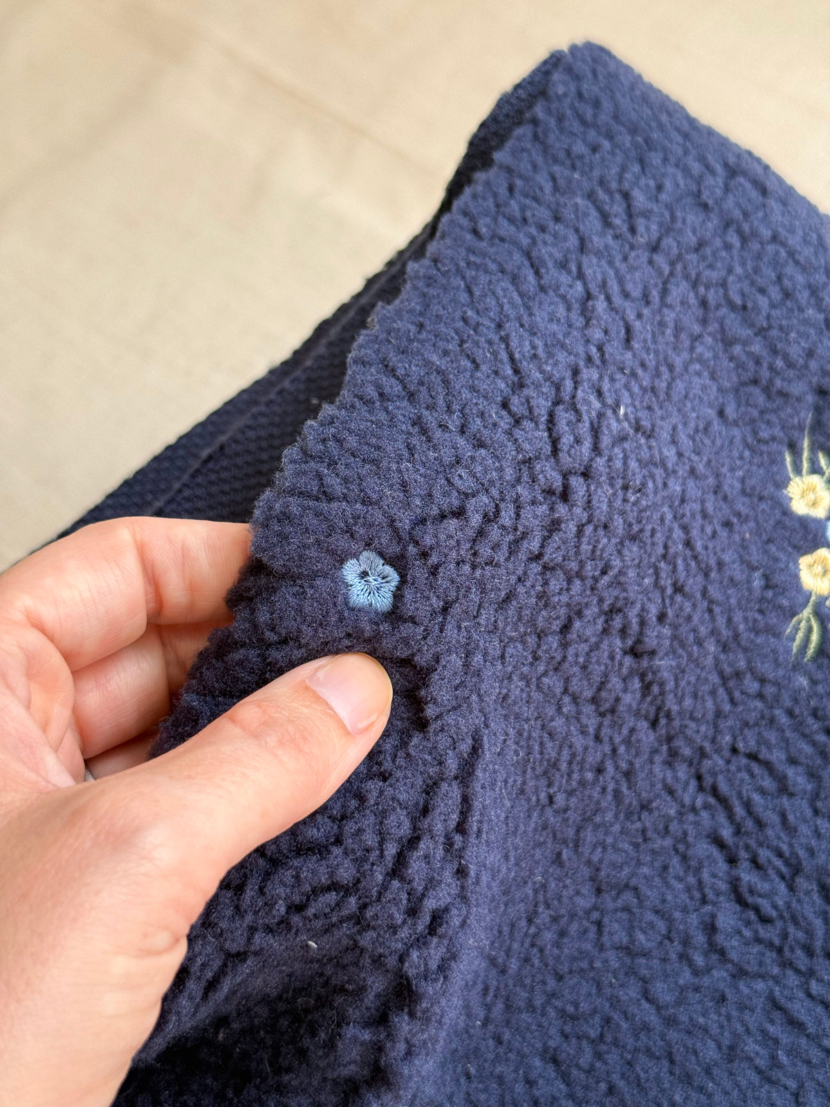 Soft Teddy Fabric - Embroidered Flowers - Navy