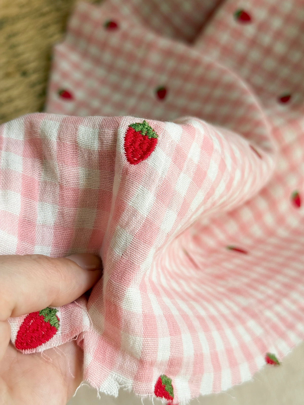 Embroidered Double Gauze Fabric - Pink Strawberry