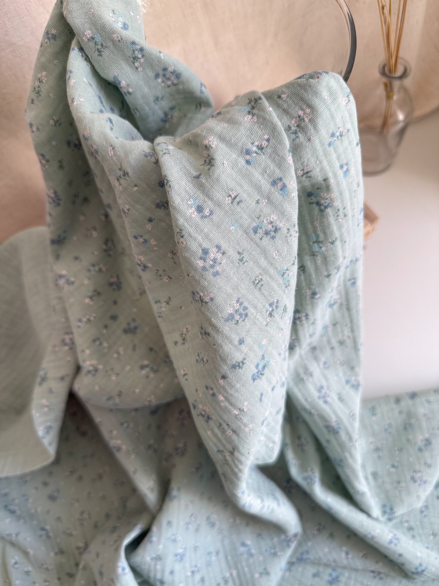 Mint Green Floral Print muslin organic cotton fabric