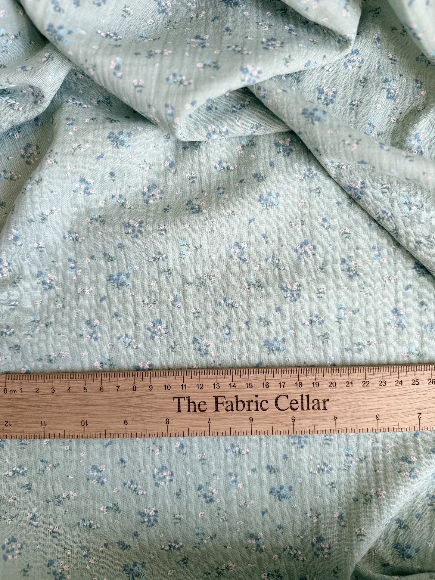 Ditsy floral mint and green and blue organic cotton fabric