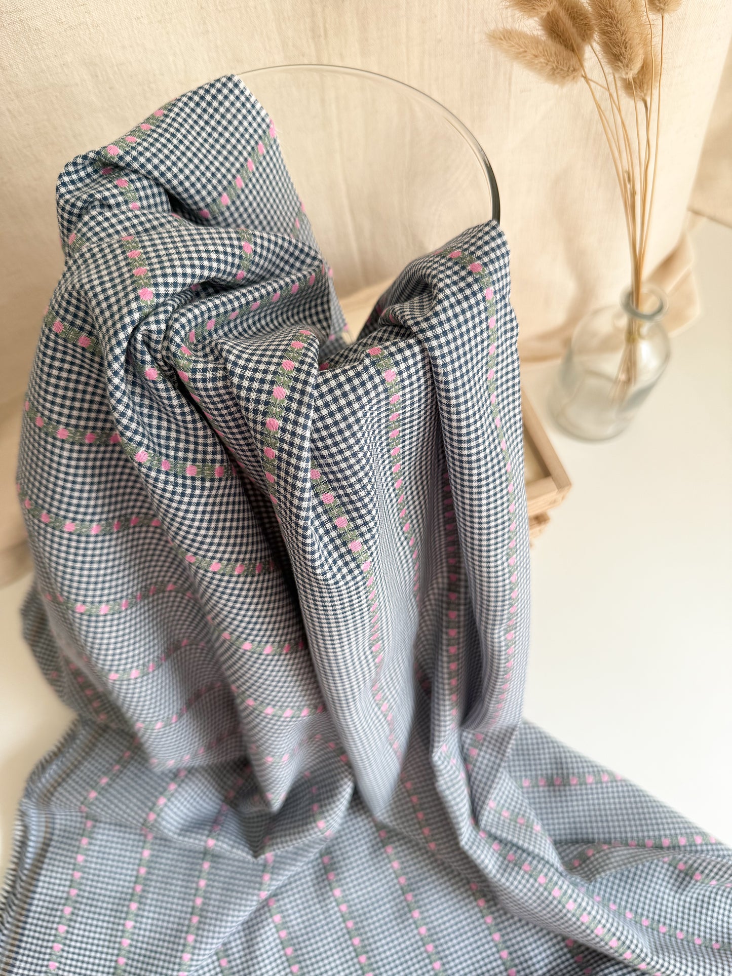 Navy Gingham Sewing Fabric with Small Jacquard Pink Flowers For Dressmaking or Crafts
