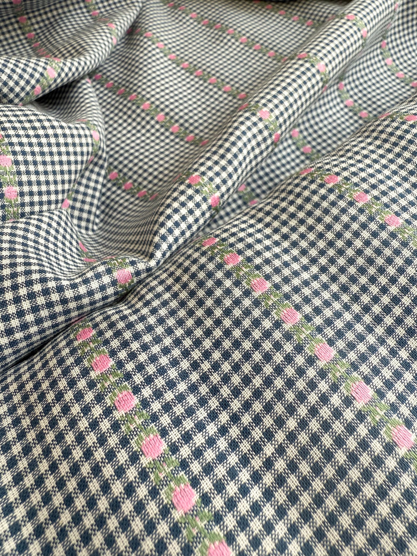 Navy Gingham Cotton Jacquard Fabric - Pink Flowers