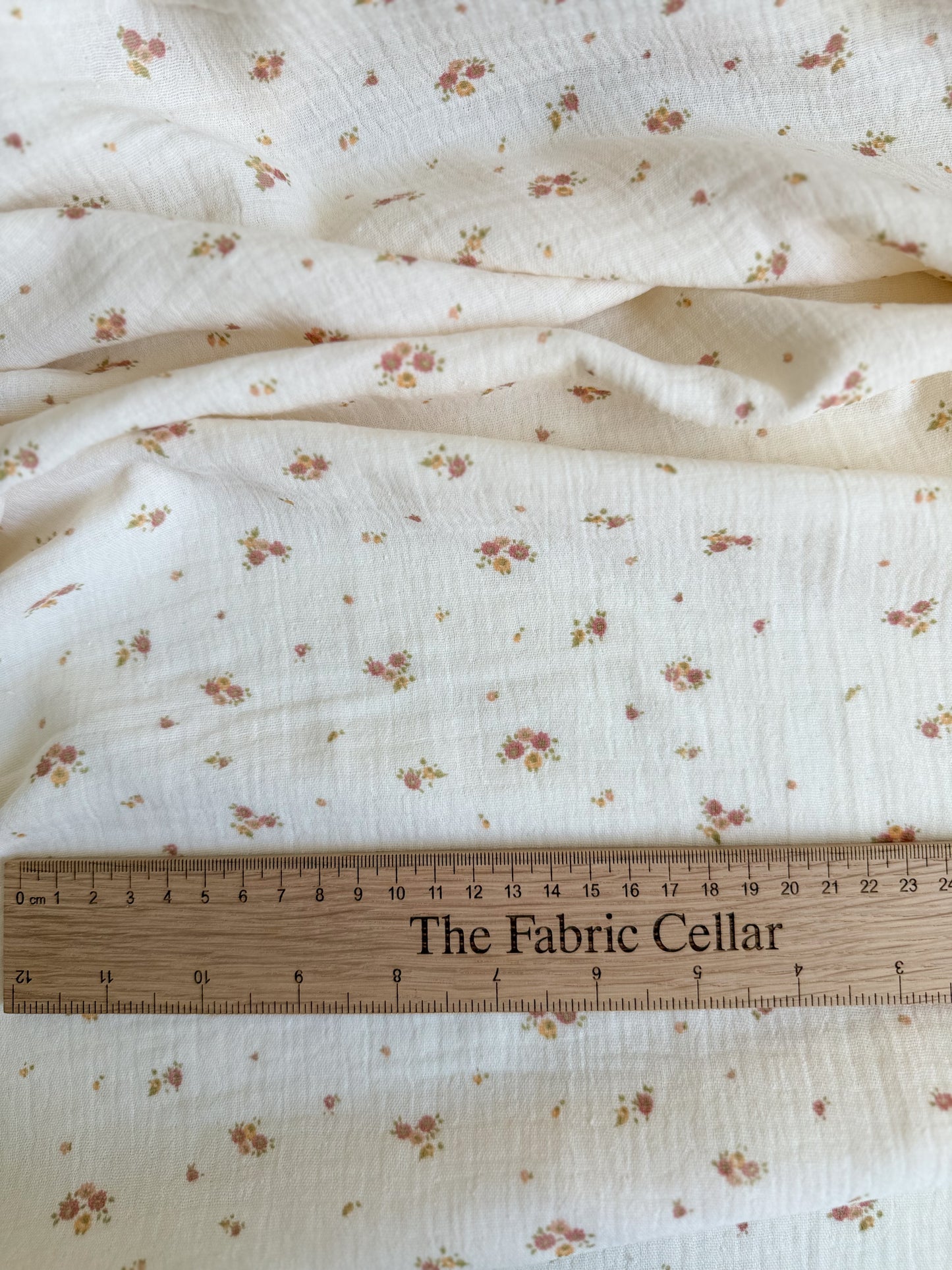 Tiny pink and yello floral print double gauze cotton muslin fabric