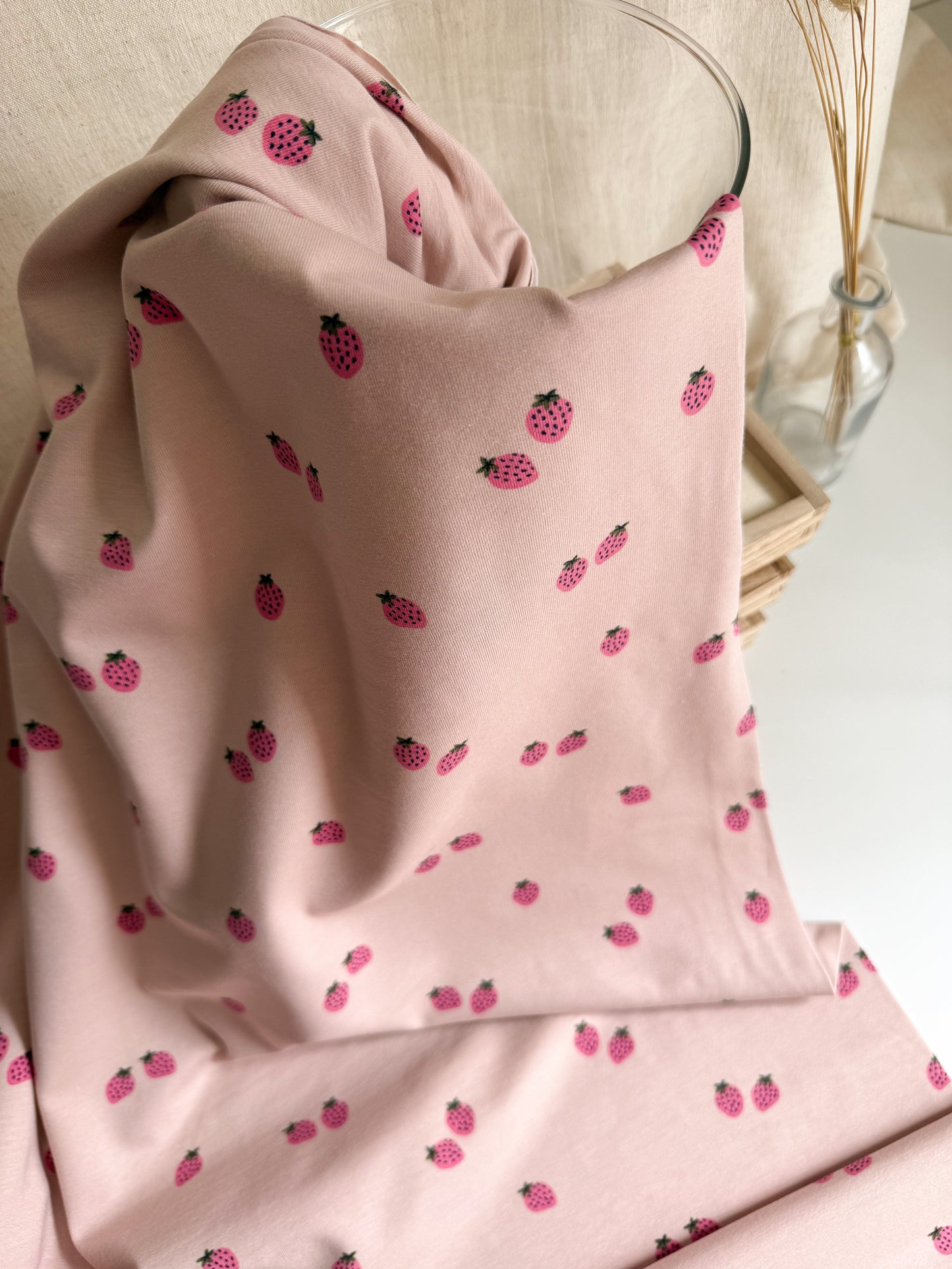 Organic Cotton Jersey Stretch Fabric With Srawberry Print