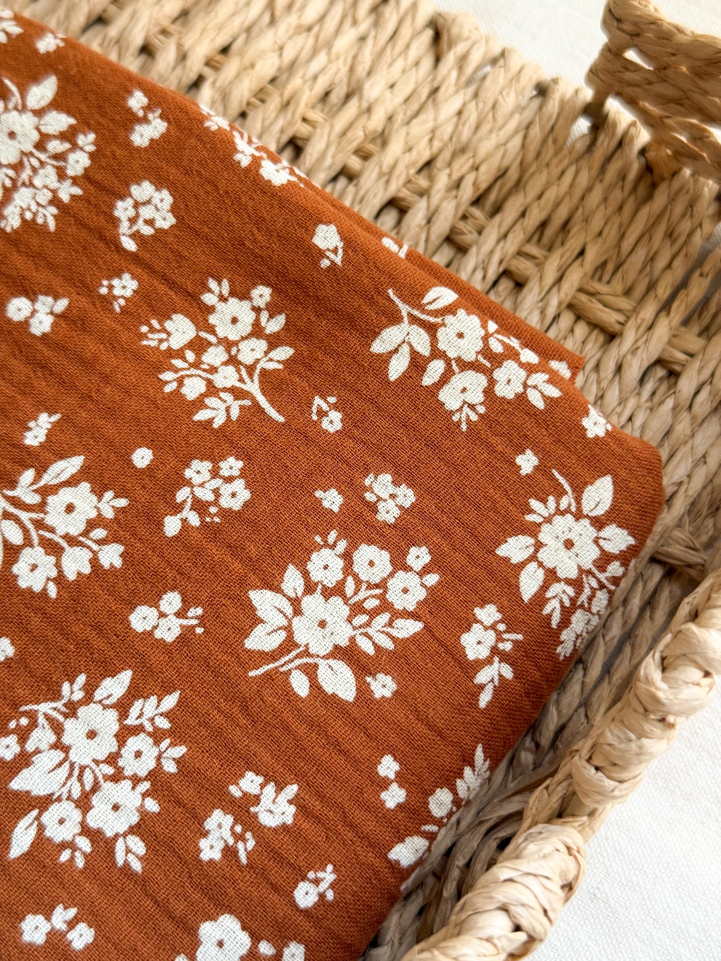 Double Gauze Fabric - Camel / White Floral