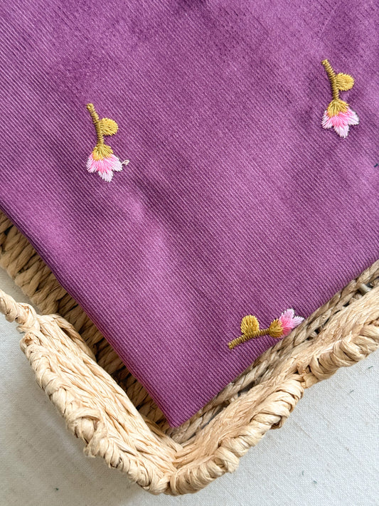 Cotton Embroidered Baby Cord Fabric - Plum