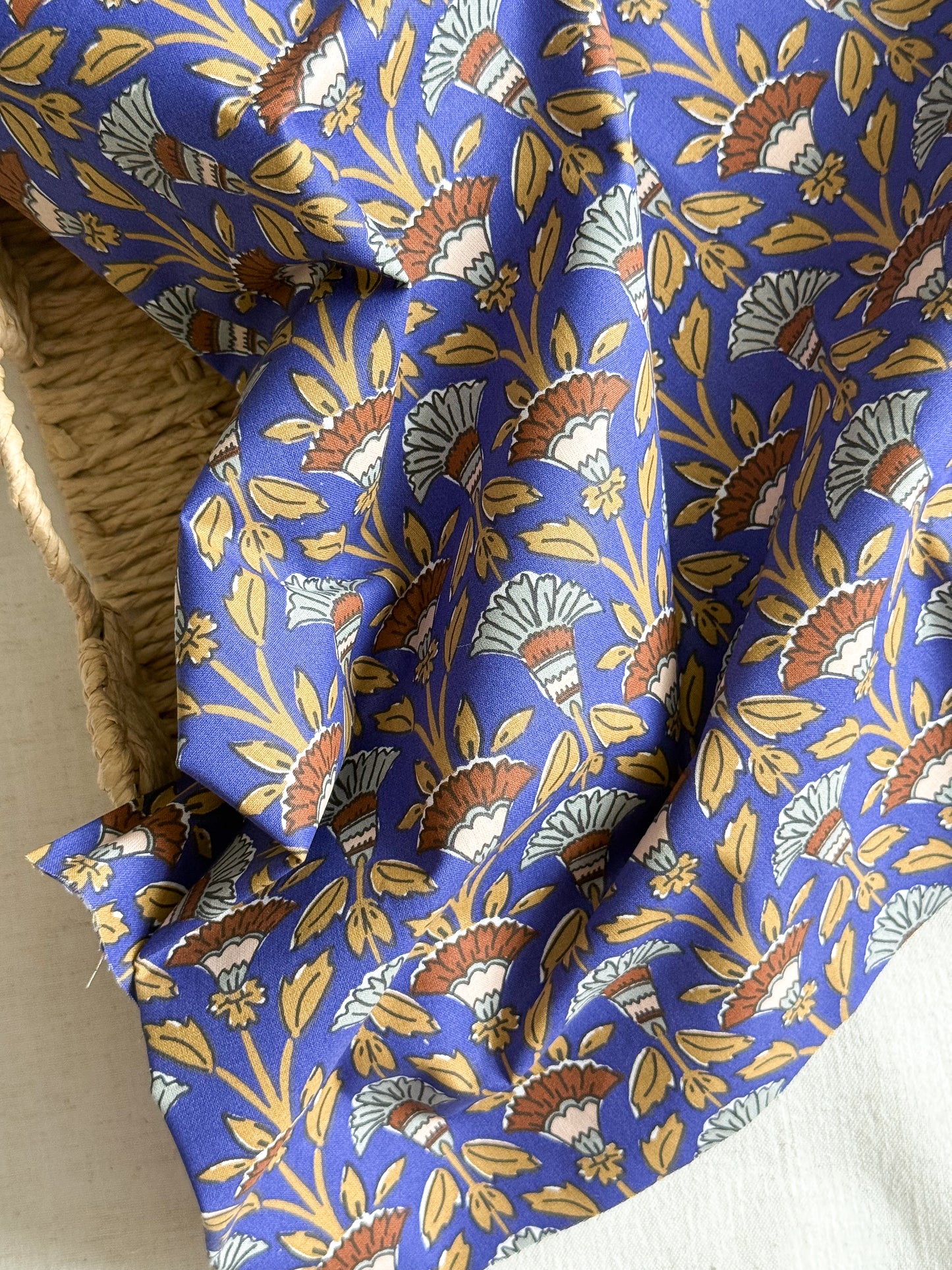 Cotton Poplin Fabric  - Bold Block Print - Blue / Caramel