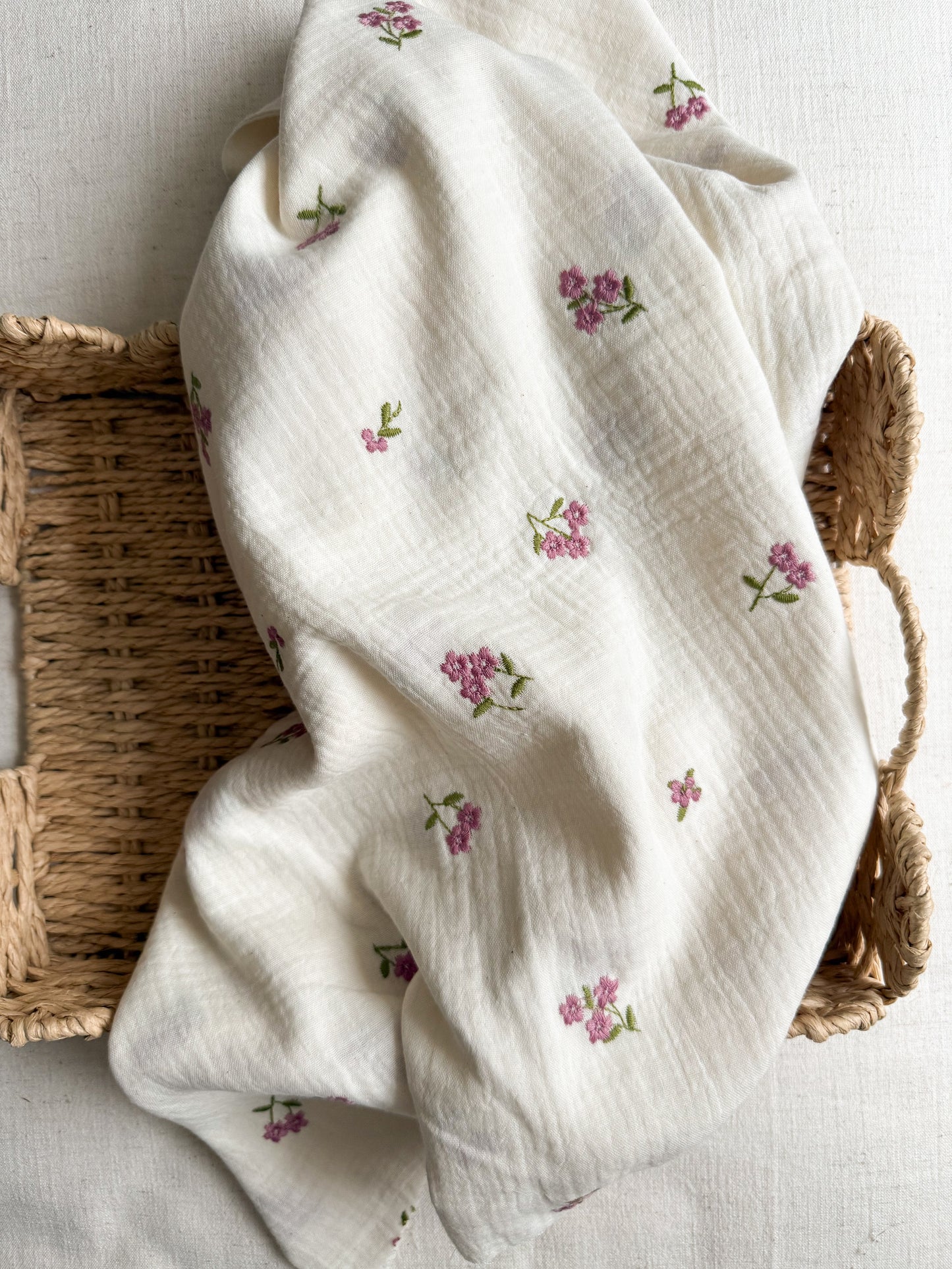 Embroidered Double Gauze Fabric - Natural - Pink Flowers