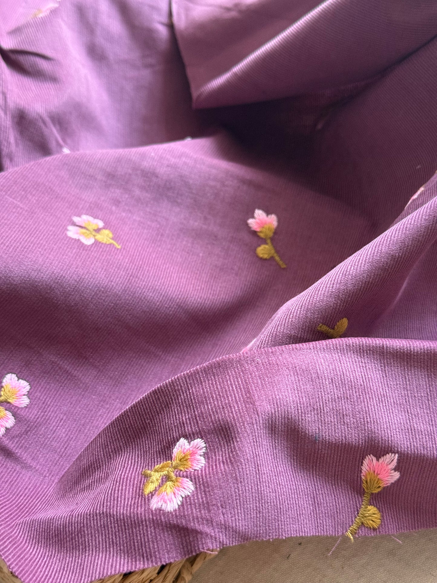 Cotton Embroidered Baby Cord Fabric - Plum