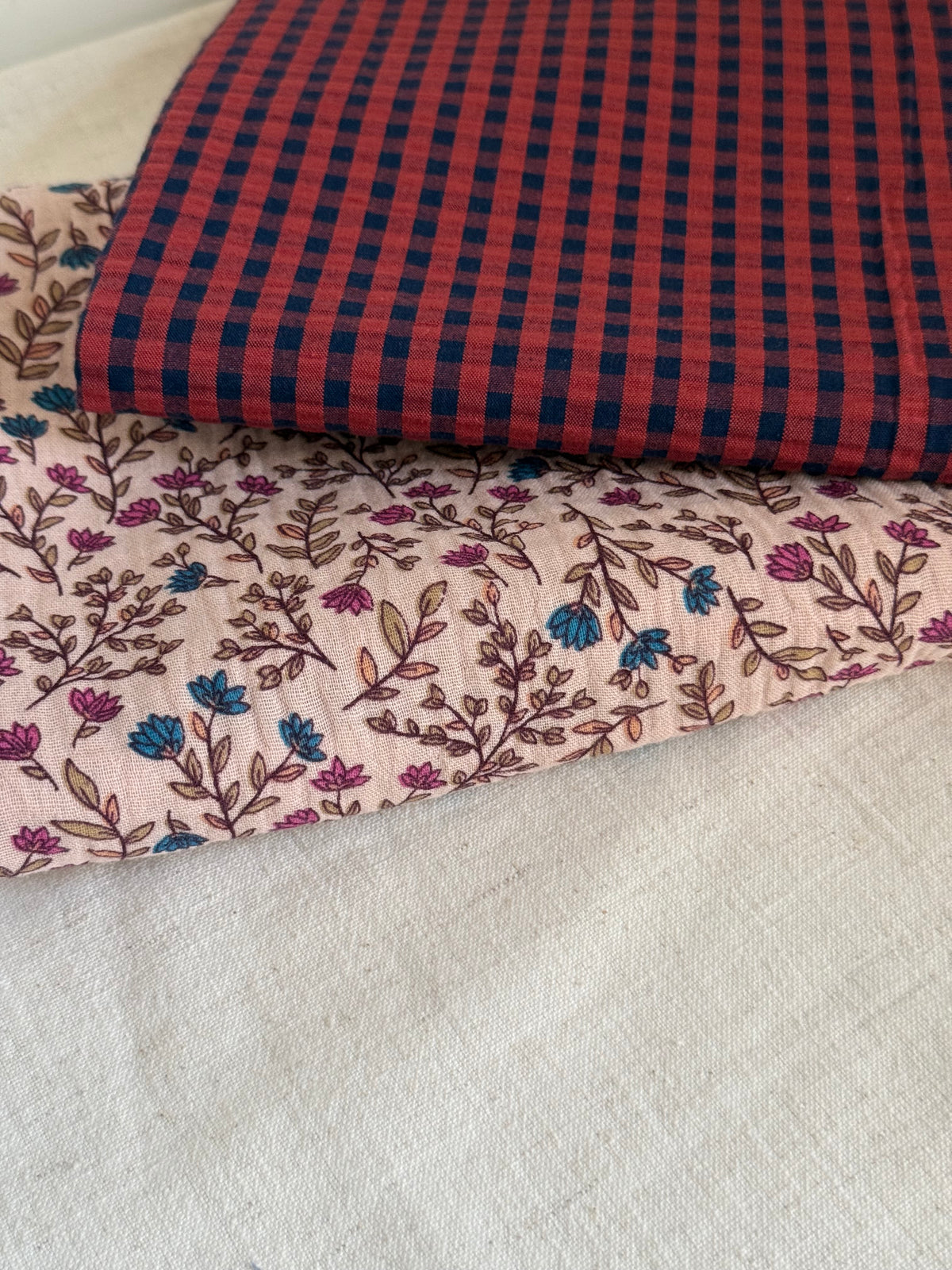 Cotton Seersucker Fabric - Gingham - Navy / Brick