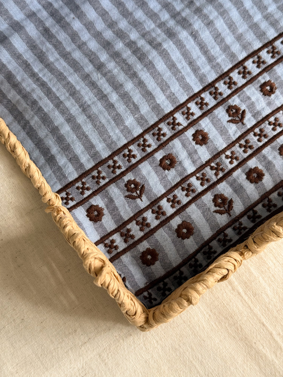Double Gauze Fabric - Embroidered Border - Blueberry & Cocoa Stripe