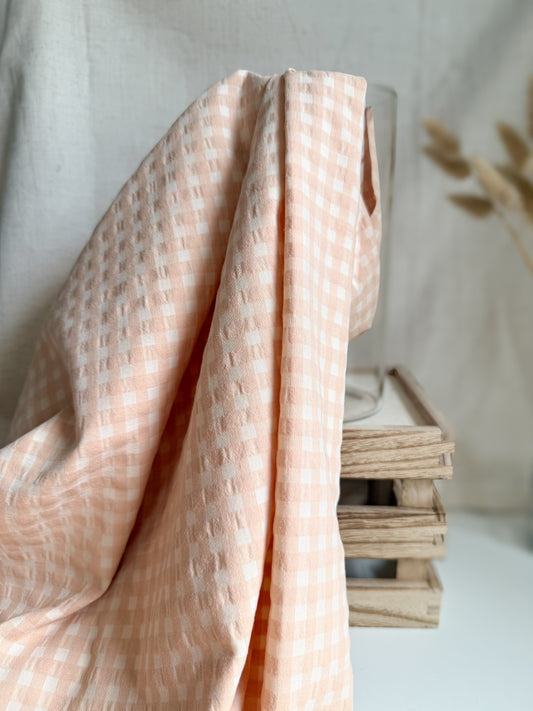 Organic Cotton Blend Seersucker Fabric - Gingham Apricot