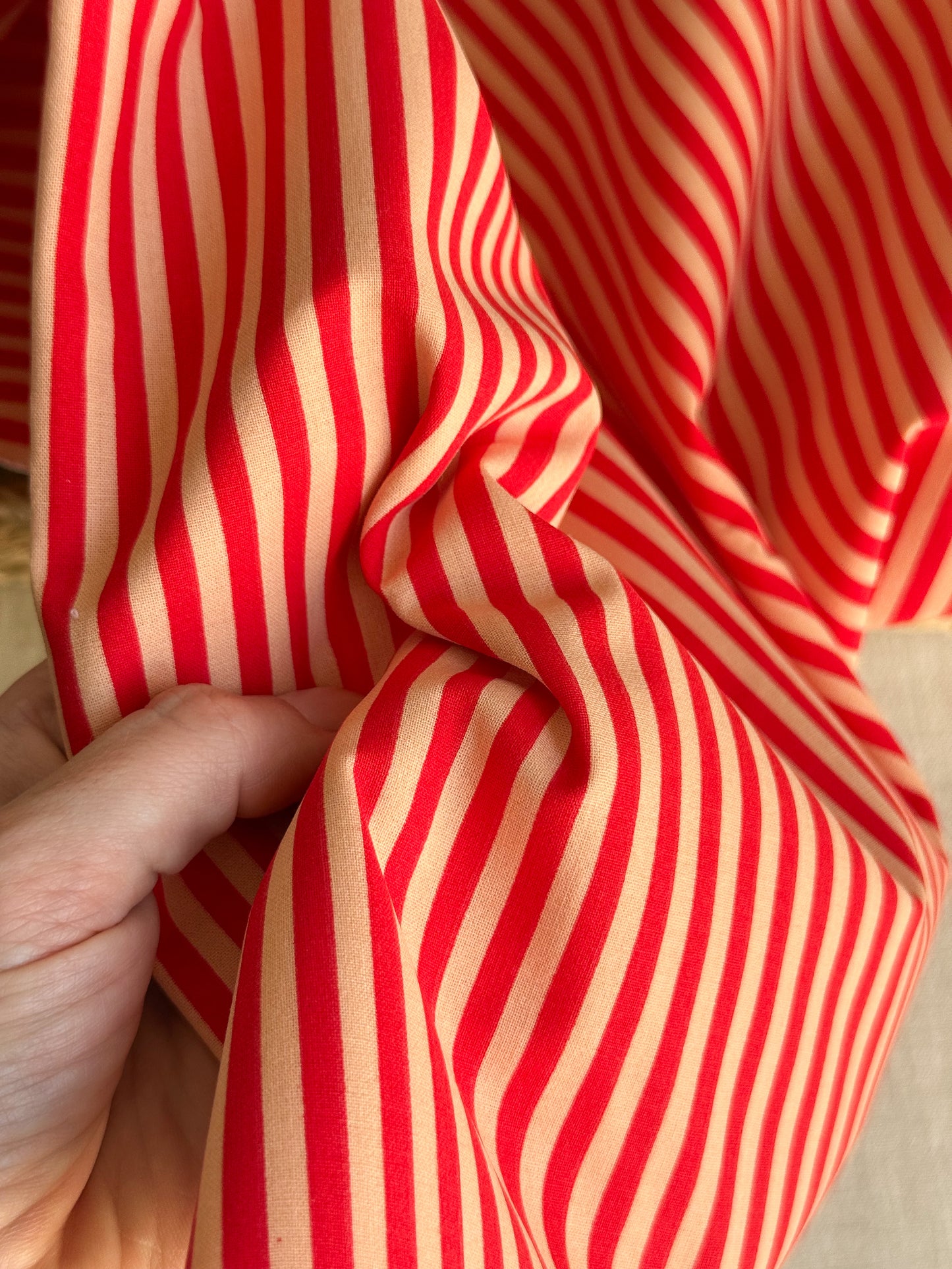 Printed Cotton Poplin Fabric  - Red & Cream Stripe