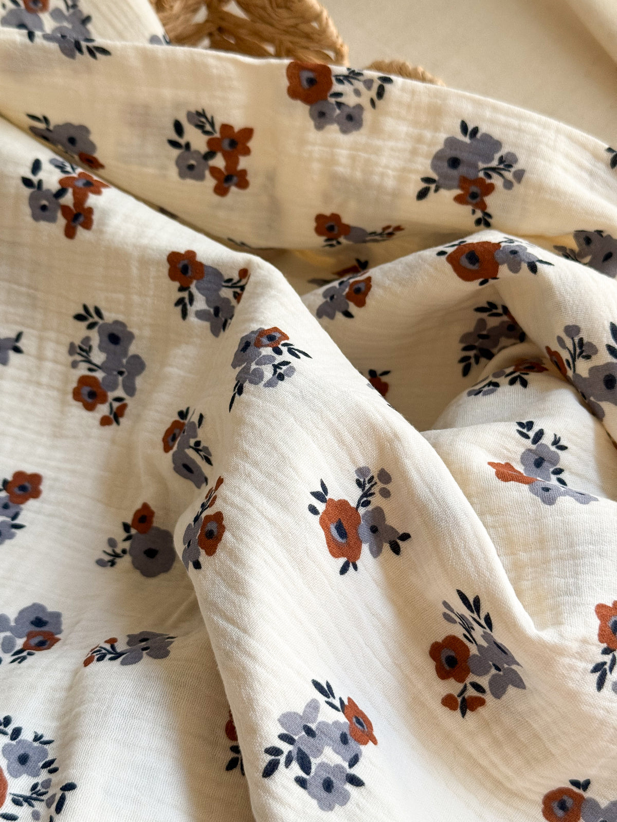 Double Gauze Fabric - Blue / Ecru Floral