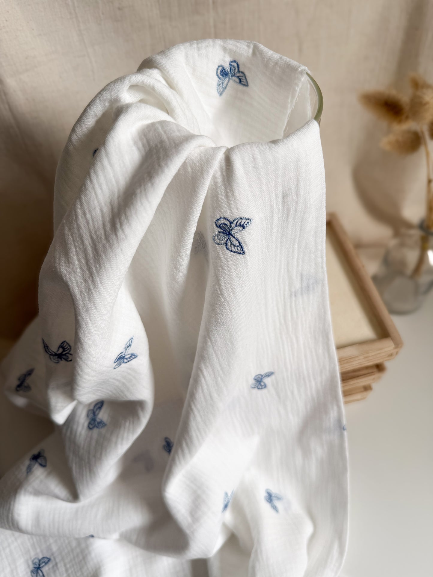 Embroidered Double Gauze Fabric - Blue Butterflies