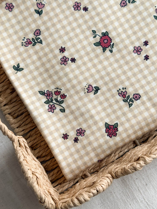 Organic Printed Cotton Jersey Fabric - Gingham Floral