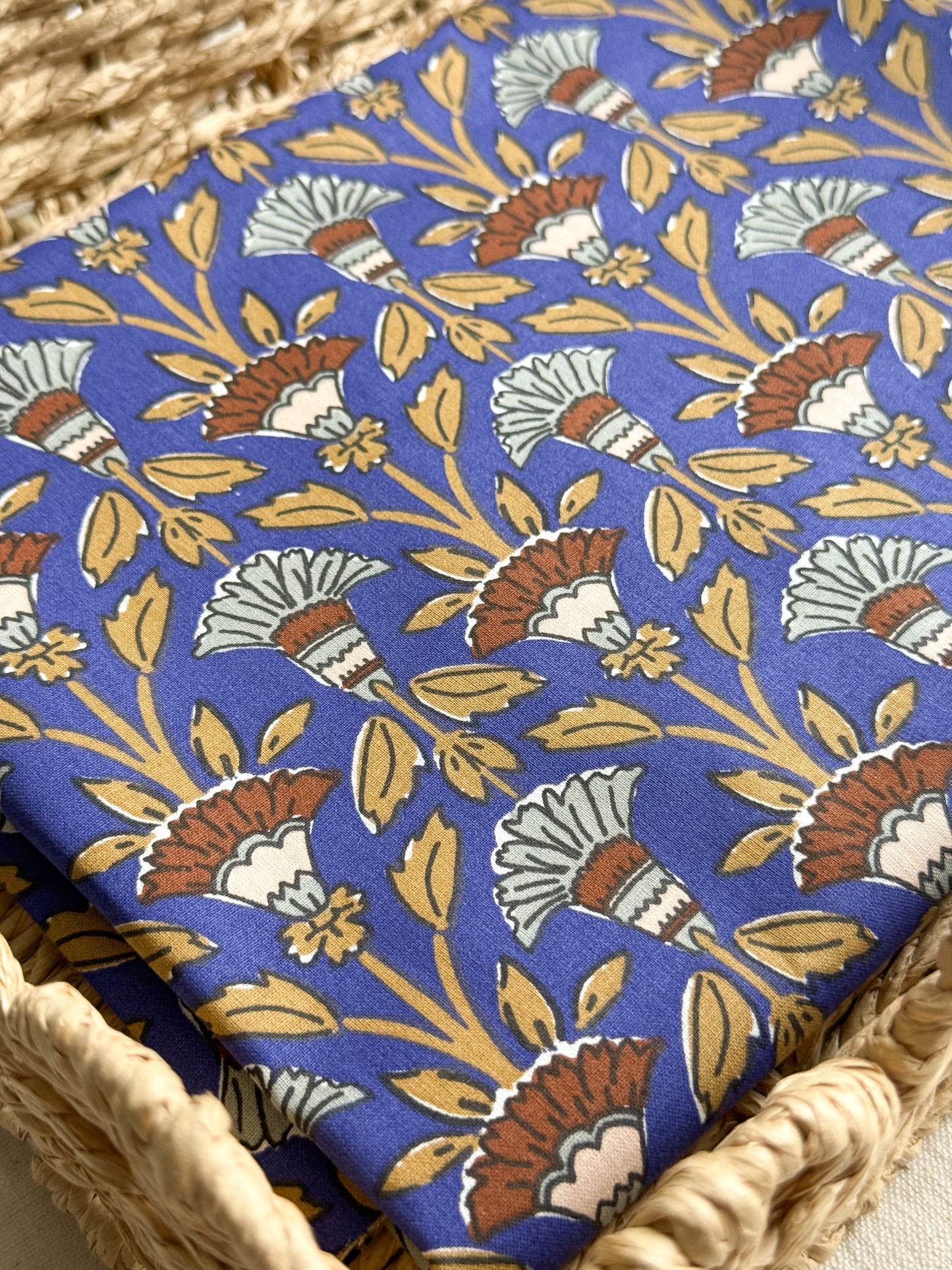Cotton Poplin Fabric  - Bold Block Print - Blue / Caramel