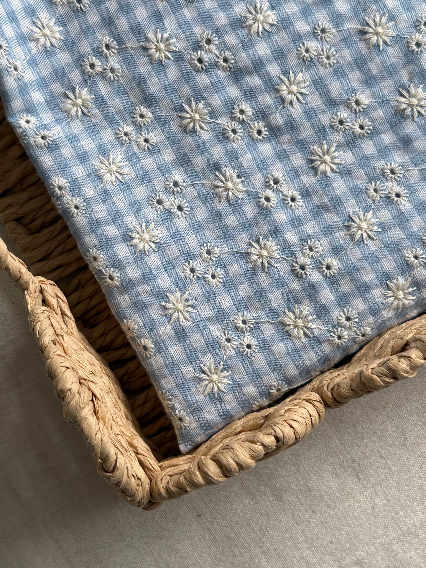 Cotton Embroidered Gingham Seersucker Fabric - Blue - 45cm Remnant