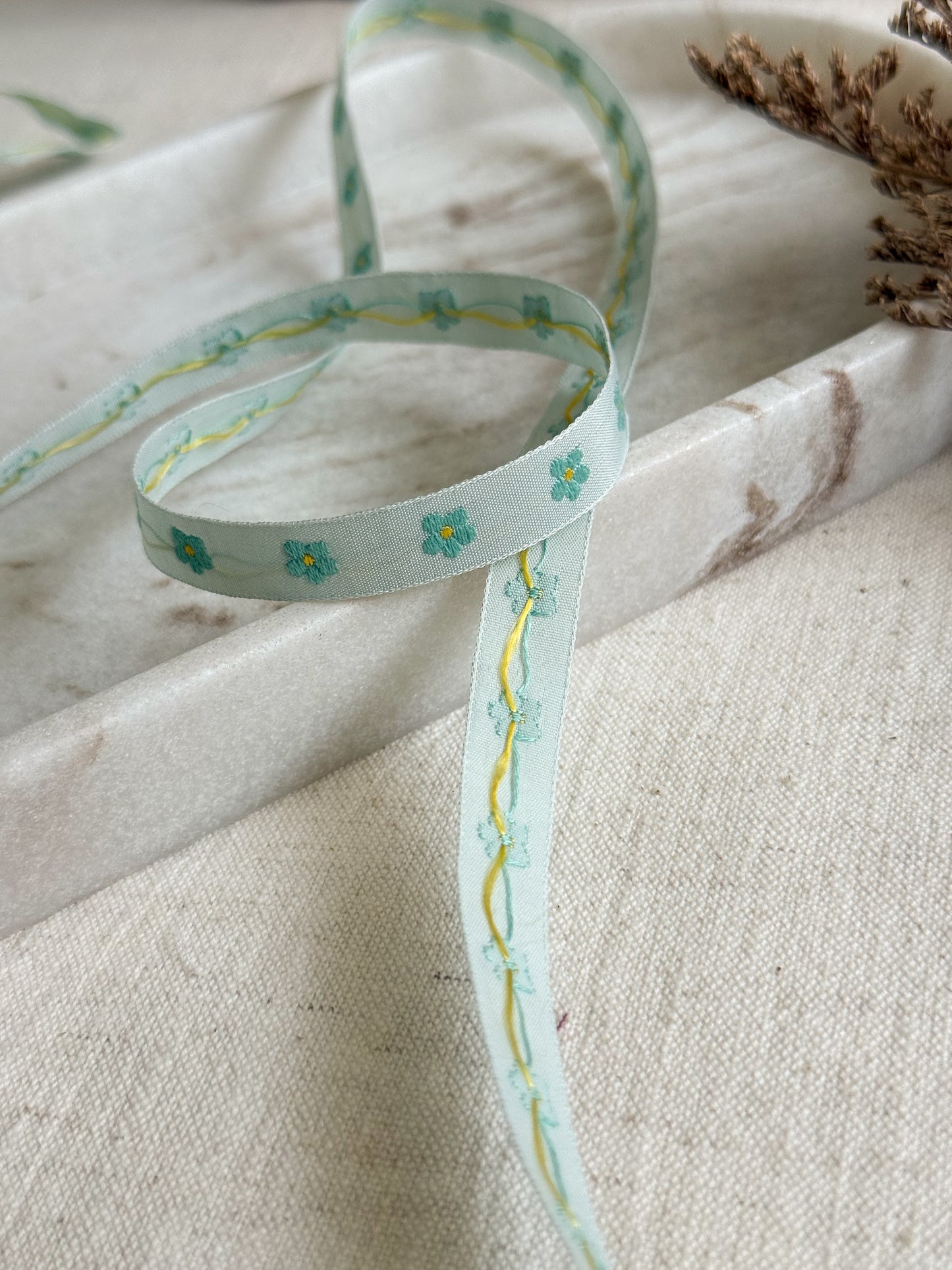 Jacquard Woven Ribbon - Aqua Flowers - 10mm