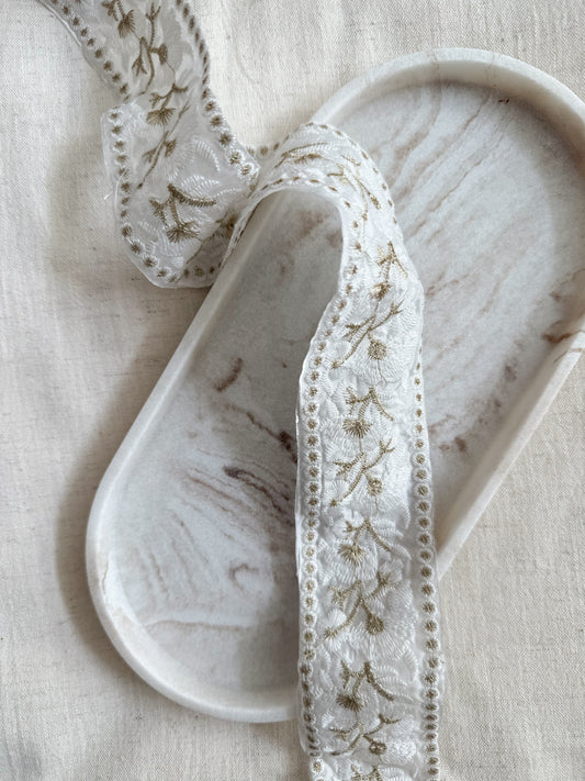Gold & White Embroidered Floral Trim - 50mm