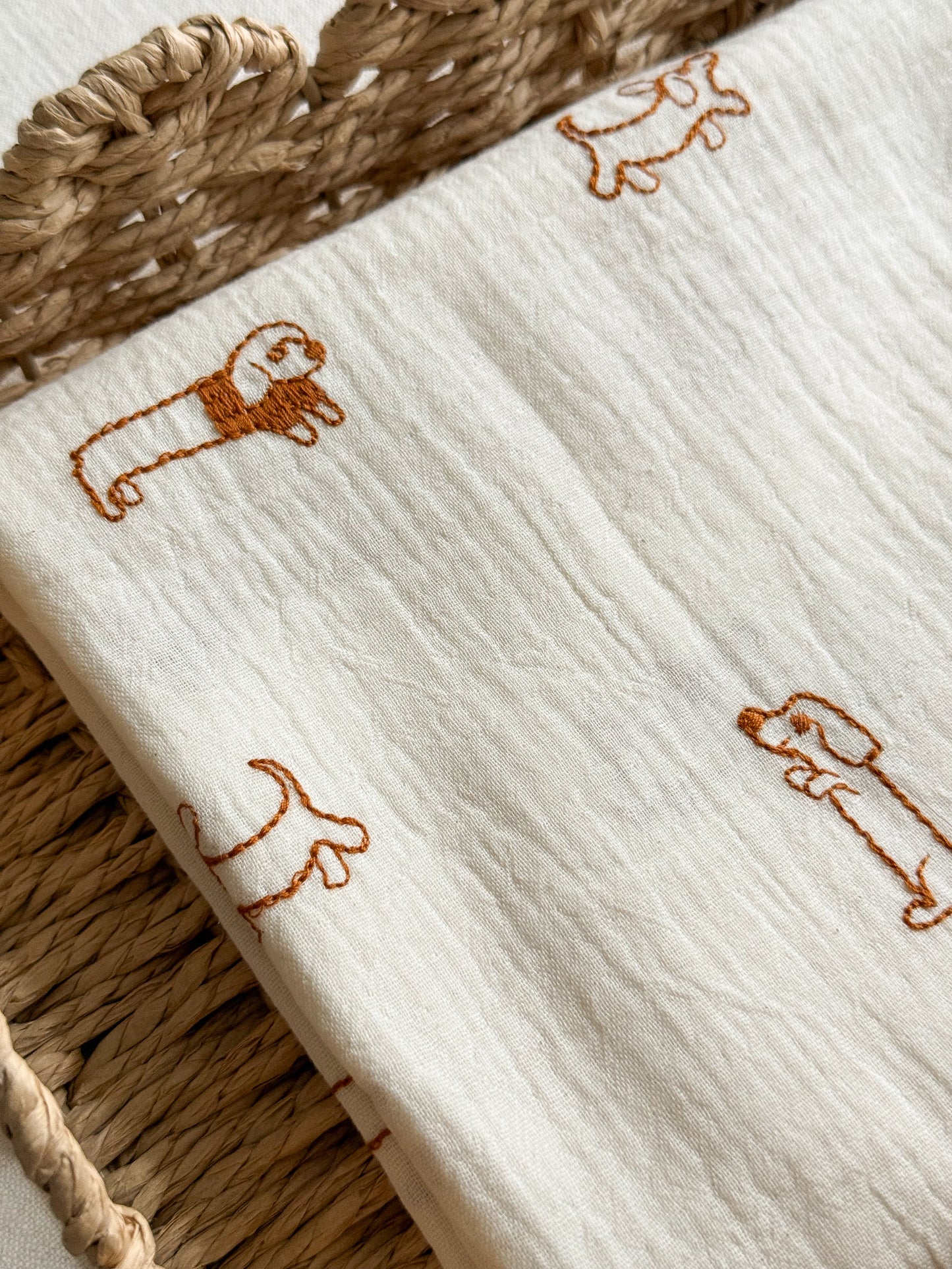 Embroidered Double Gauze Fabric - Sausage Dogs