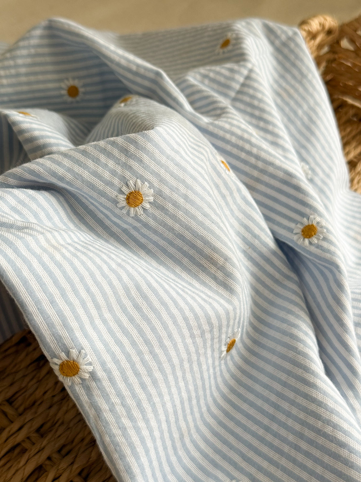 Cotton Stripe Seersucker Fabric With Embroidered Daisy - Light Blue