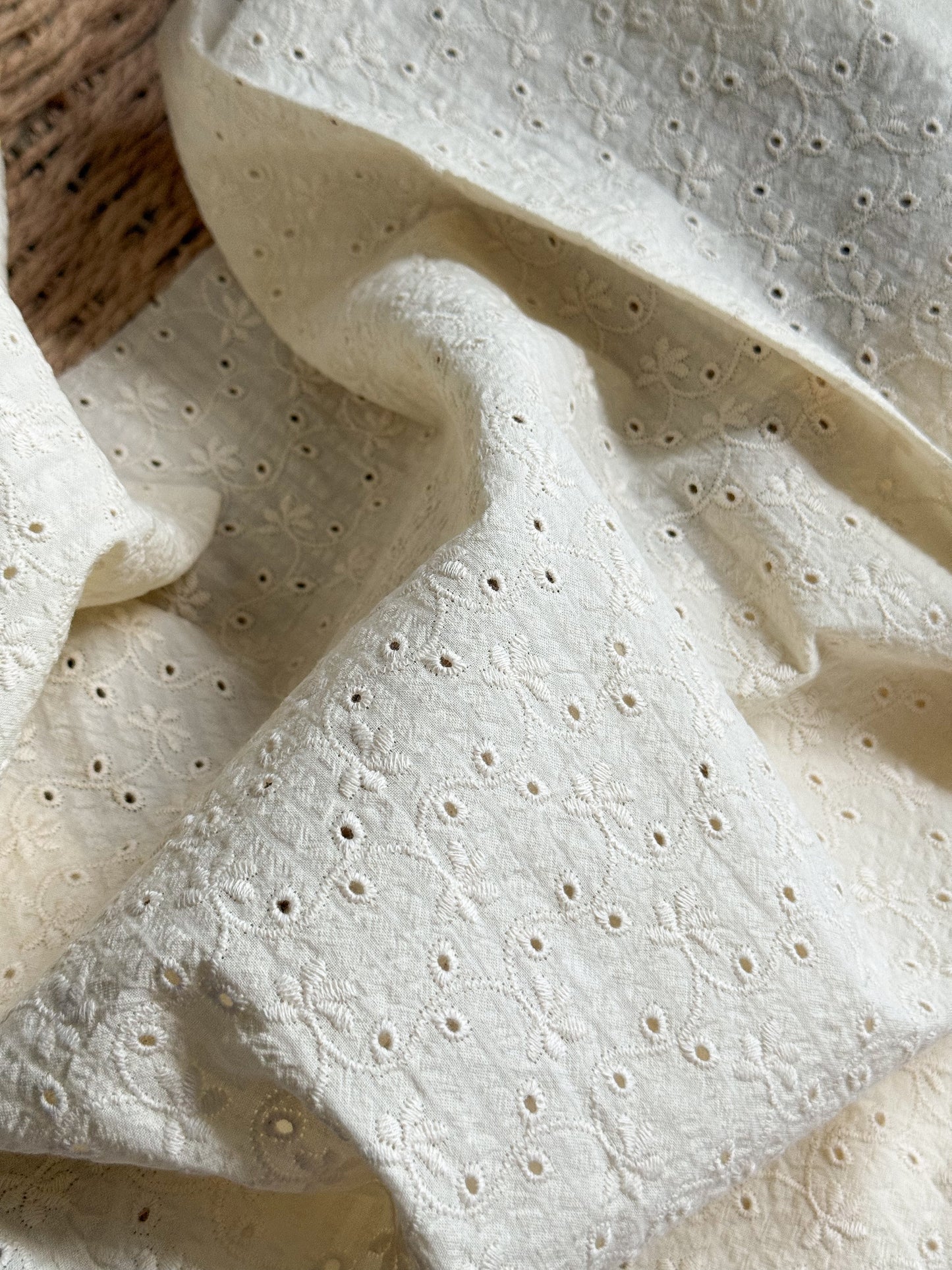Cotton Embroidered Seersucker Fabric - Ecru Broderie Clematis