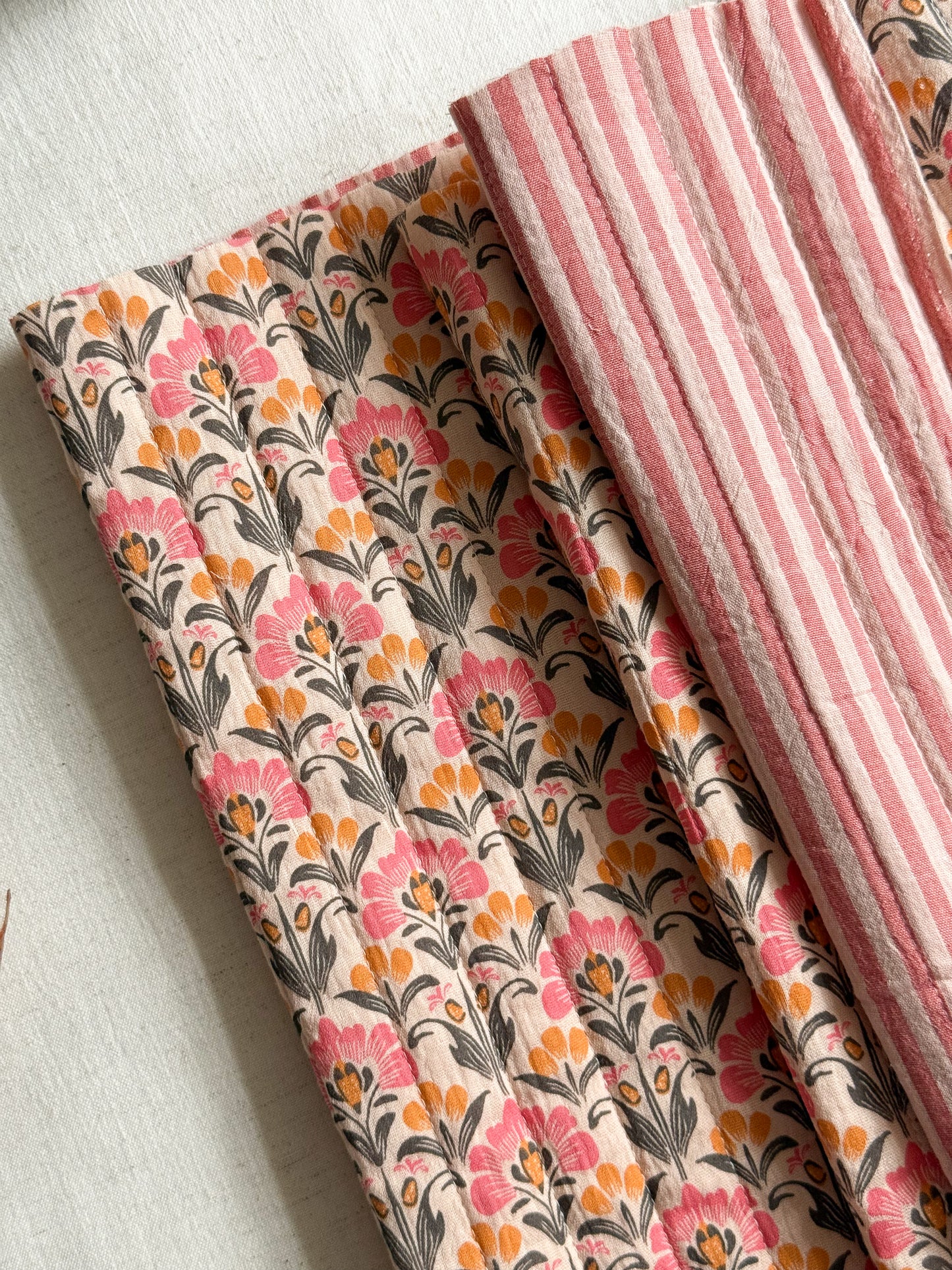 Reversible Quilted Double Gauze Fabric - Stripe / Block Print